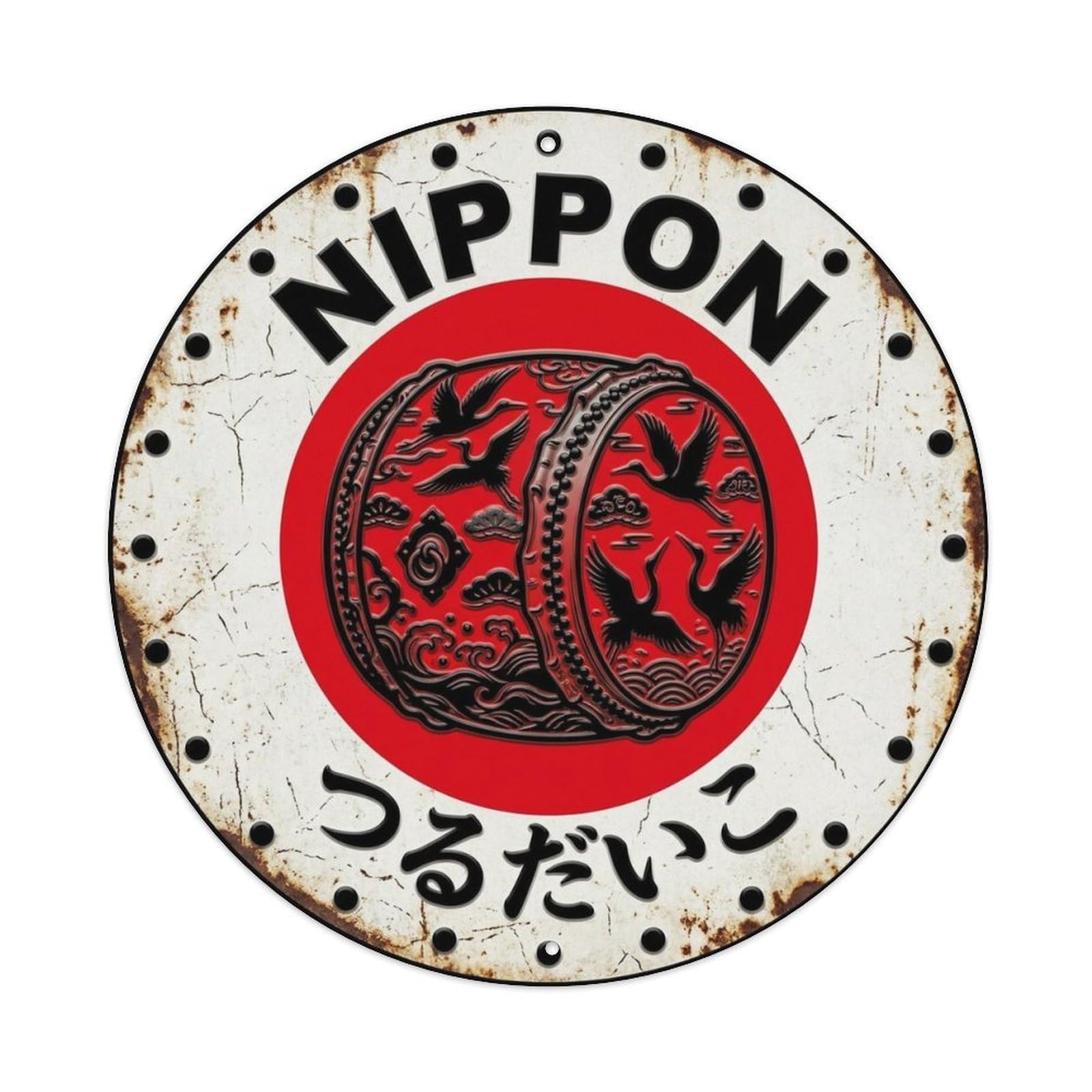 Crane Drum Nippon Graceful Bird Aged Heritage Token Metal Tin Sign Plaque Wall Decor for Cafe, Man Cave, Club Bar, Office, Home Garden Round Metal Poster 8x8Inch