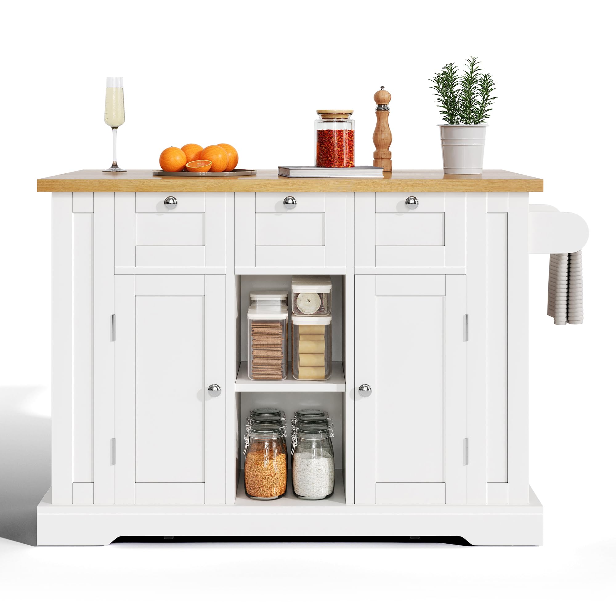 Kitchen Island - Carrello con rotelle da 132 cm, con piano di lavoro a ribalta, tavolo da pranzo in stile country, cassetti, portaspezie e porta asciugamani, finitura naturale/bianca