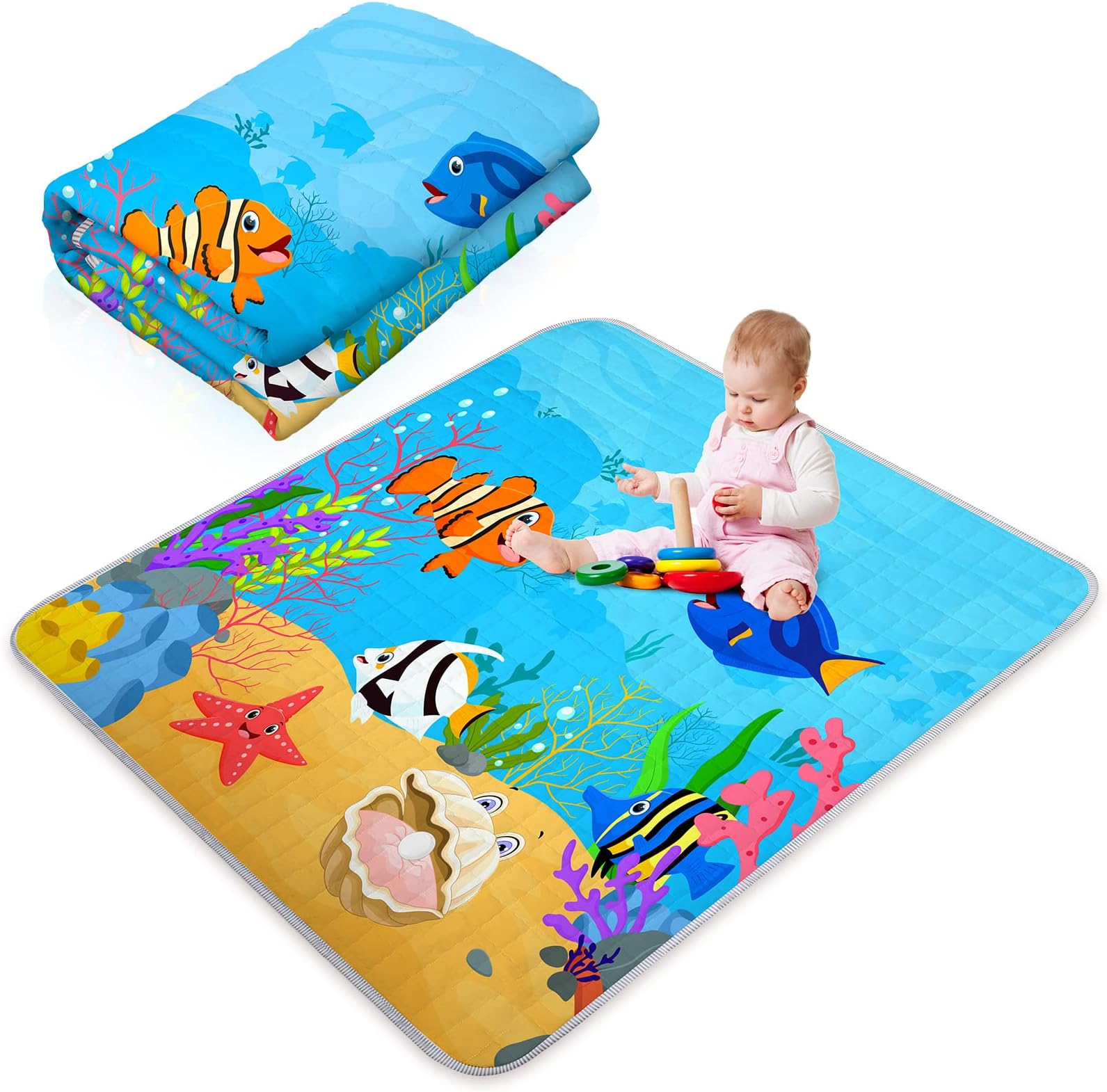 Sea Animals Baby Play Mat Washable Playmat for Babies Foldable Non Slip Floor Padding for Kids Large Baby Crawling Mat for Toddlers Infants Indoor Outdoor Activities