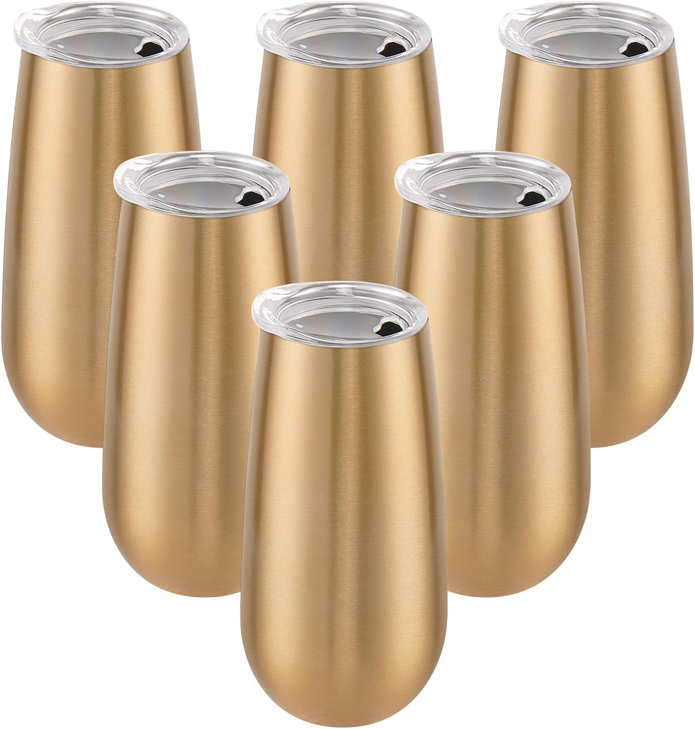6 Pack Stemless Double Insulated Champagne Flute Tumbler with Lid, 6 Oz Unbreakable Reusable Cocktail Cups Champagne Toasting Glasses, Birthday Christmas Gifts for Friends, Wine Glass Tumbler, Golden