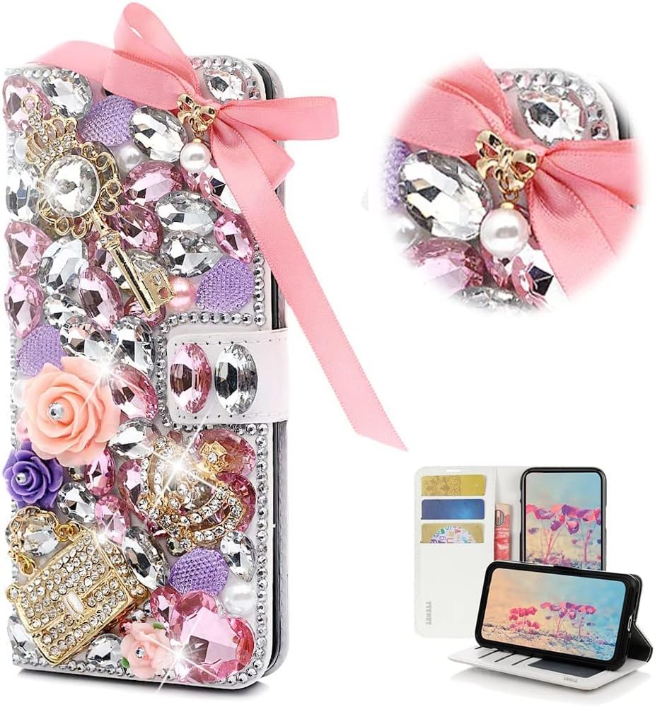STENES Bling Wallet Phone Case Compatible with Samsung Galaxy S9 Plus - Stylish - 3D Handmade Crystal Bow Key Rose Bag Crown Leather Cover with Screen Protector & Neck Strap Lanyard - Pink