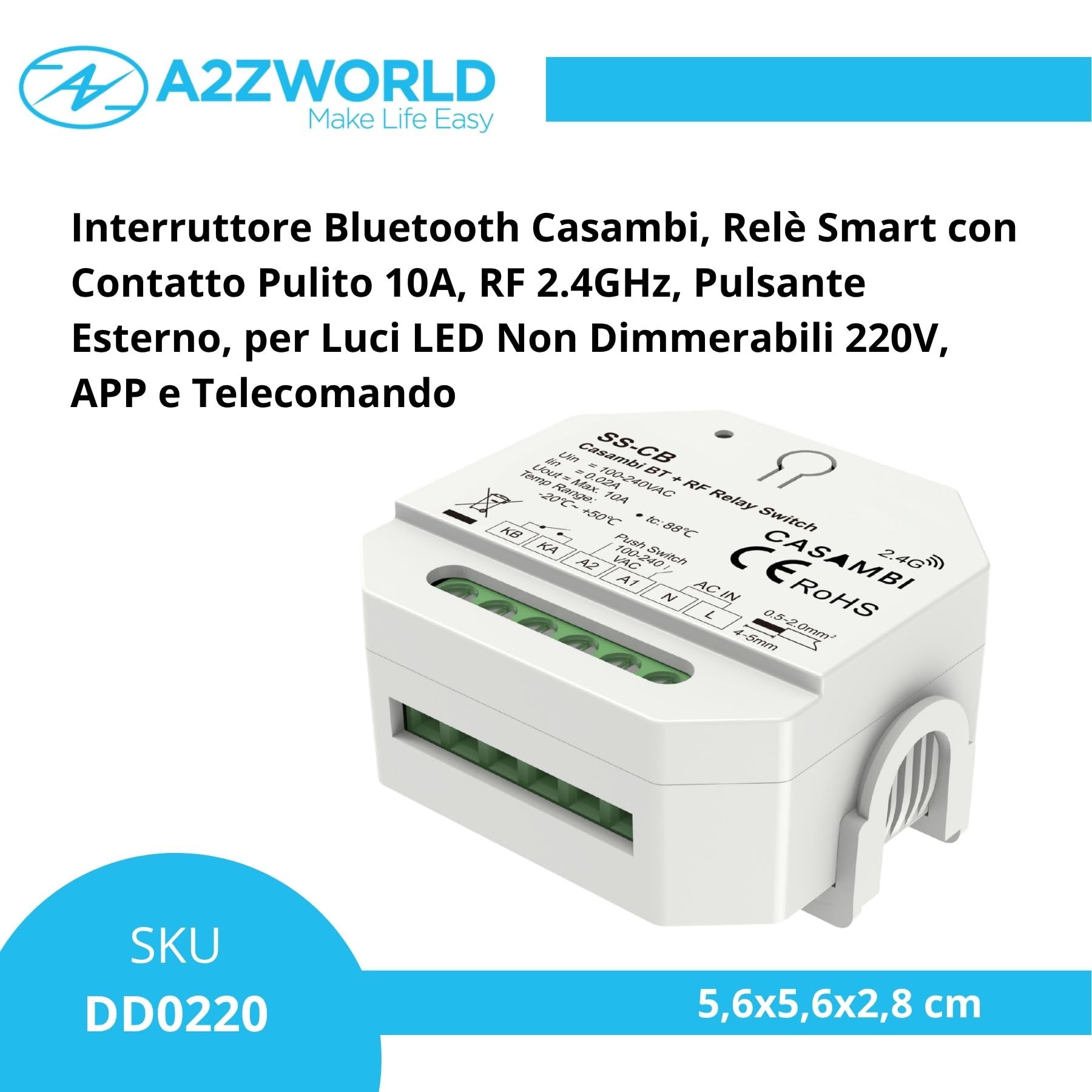 Bluetooth-Schalter, Smart-Relais mit sauberem Kontakt 10 A 220 V, RF 2,4 GHz, externe Taste NO, nur ON/OFF, nicht dimmbar, kompakt 56 x 56 x 37 mm aus Unterputzdose