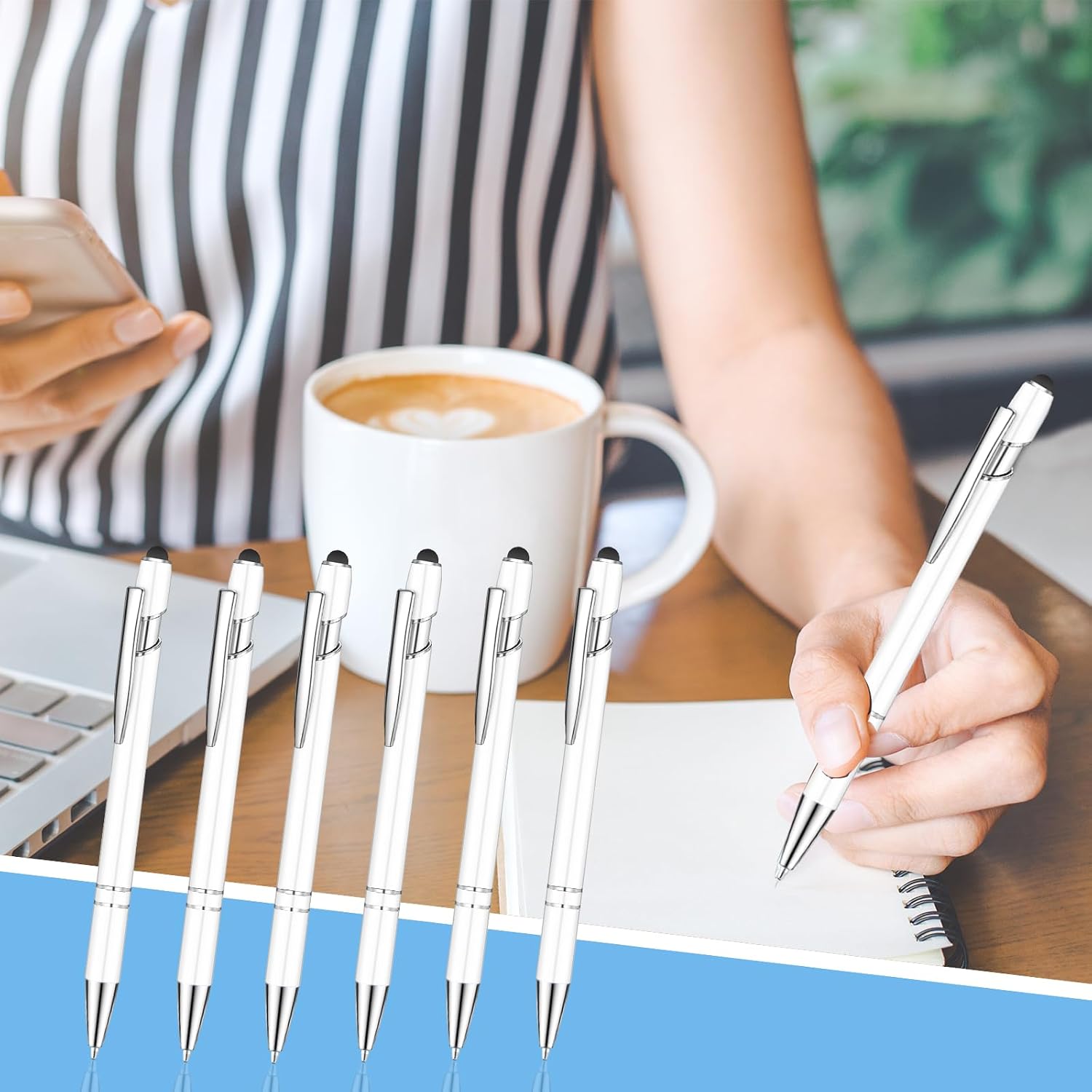 24 Pcs Blue Ink Ballpoint Pen with Stylus Tip 2 in 1 Ballpoint Pen 1.0 mm Blue Ink Metal Stylus Pen for Touch Screens Coworkers, Family, Colleagues, Office (White) image 5