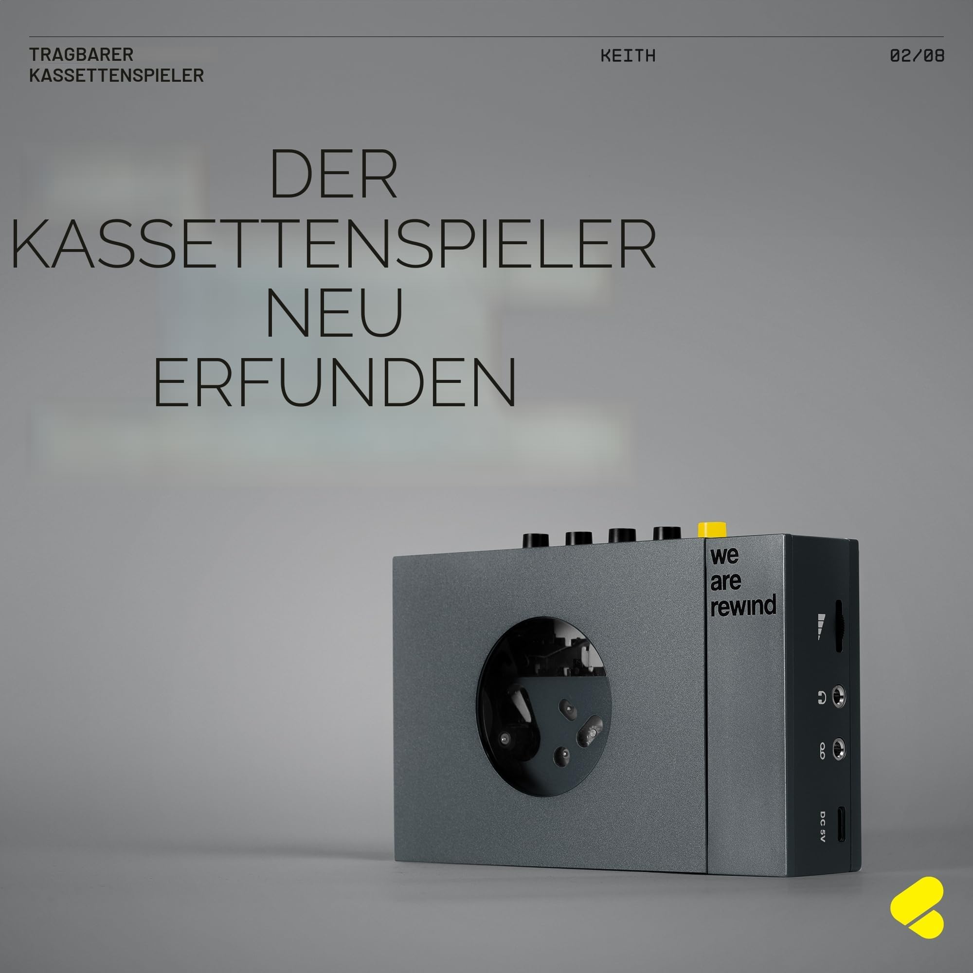 We are Rewind Tragbarer Kassettenspieler – Kassettenrekorder mit Bluetooth-Verbindung, Lautsprecher oder Kopfhörer, 3,5-mm-Audiokabel – (Kurt, Grau)