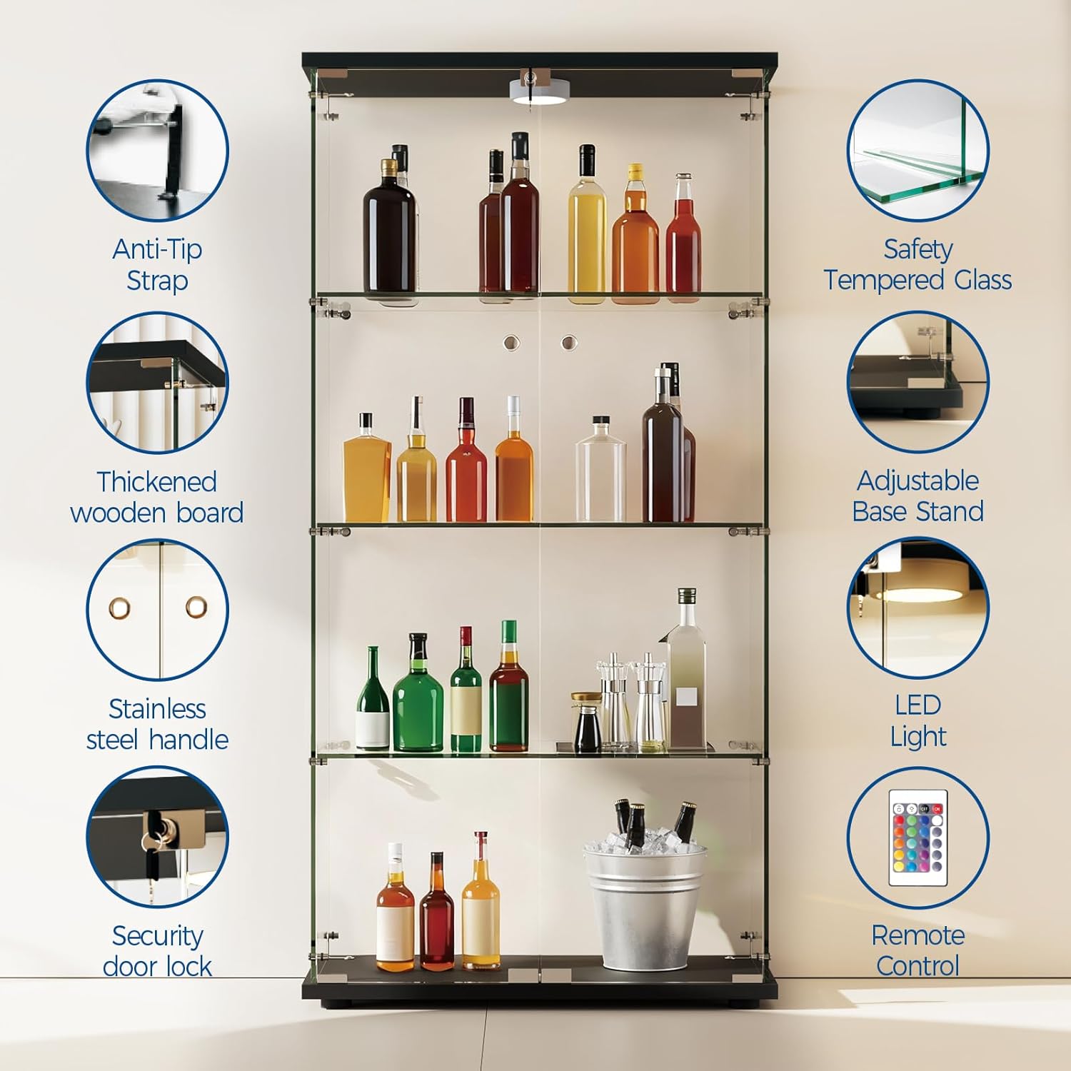 Takywep 4-Tier Tempered Glass Display Cabinet with Doors, Black Curio Bookcase, Human Body Sensor & 3-Color LED Lights, Display Case for Collectibles Toys Wine, Dustproof Storage Cabinet