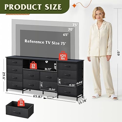 Miniatura 5 de Soporte de TV negro para TV de 65, 70, 75 pulgadas, centro de entretenimiento con luces LED y estación de carga, mesa consola de TV con 12 cajones