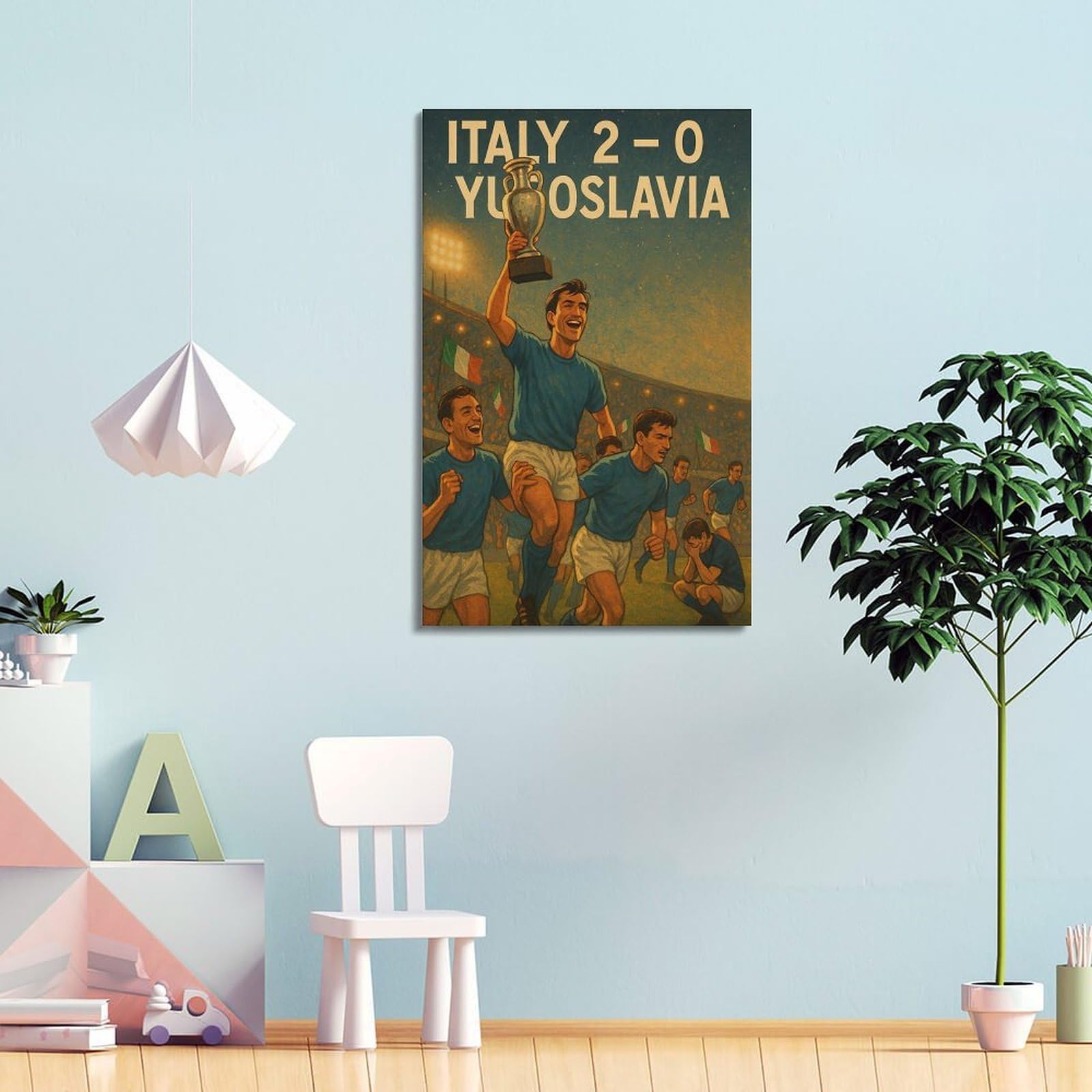 ZlXXYZ Poster su tela per decorazione moderna per famiglia e ufficio, poster su tela, personaggio retrò della squadra di calcio italiana che celebra il campionato con trofeo, 40 x 60 cm, stile cornice