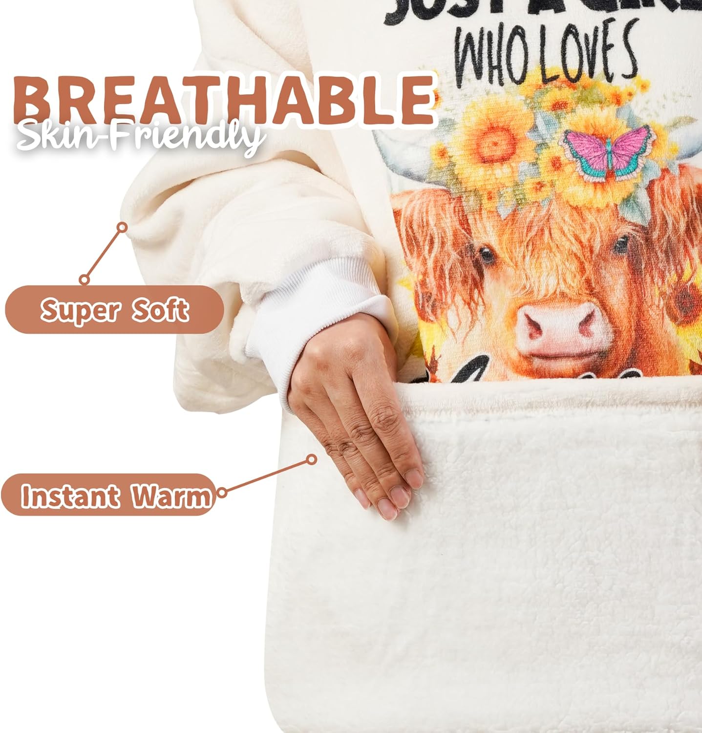 Highland Cow Gifts for Women, Wearable Blanket Hoodies, Super Soft Warm Cozy with Big Pockets - One Size Fits Most