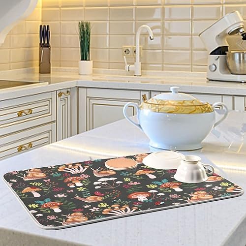 Miniatura 6 de Tapete de secado de platos de hongos con caracoles, almohadillas de cocina absorbentes para mostrador de cocina, secadora de platos, 18 x 24