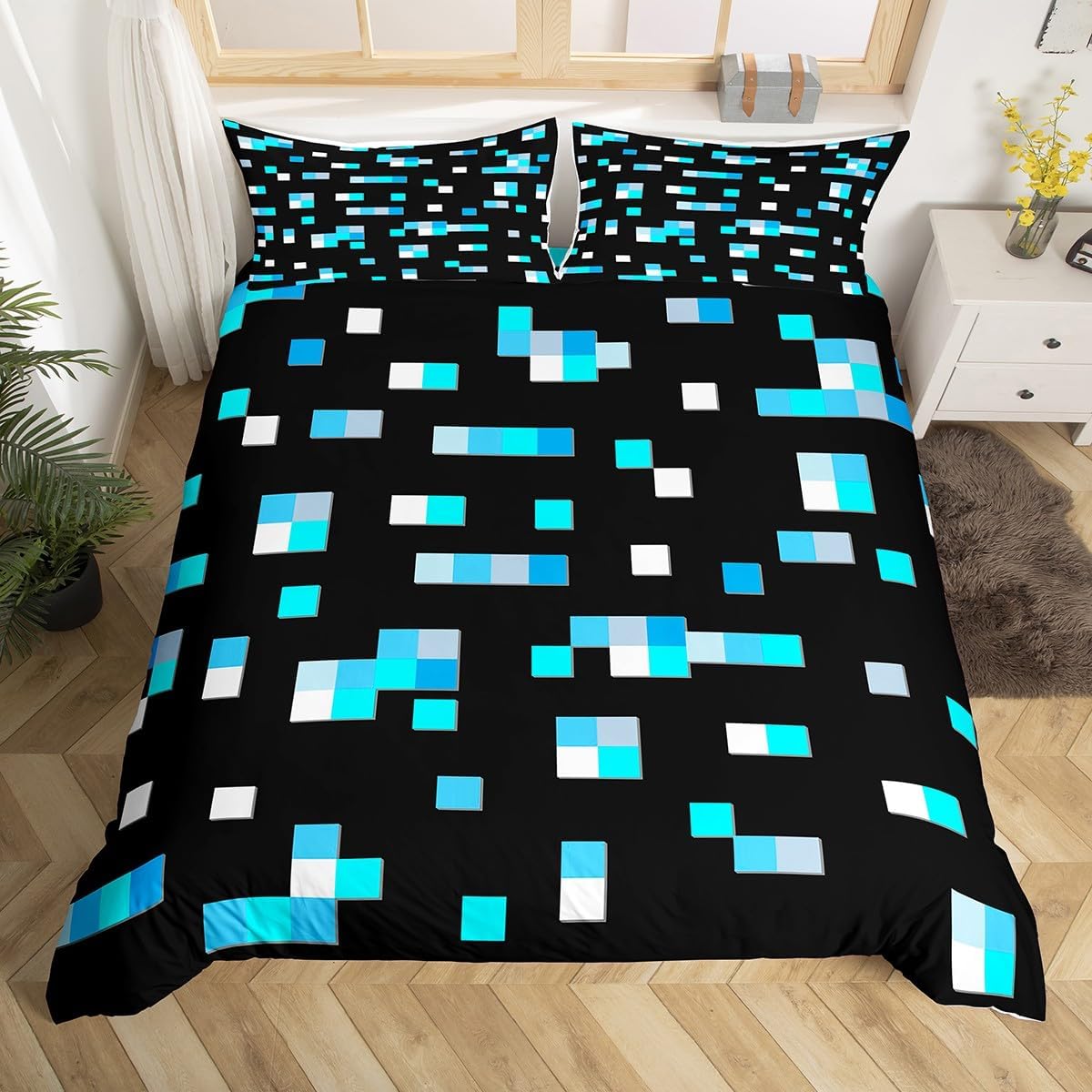 Castle Fairy Blue Miner Square Duvet Cover Twin Size,Geometric Grid Bedding Sets 2Pcs for Kids Girls Boys Adult Room Decor,Pixelated Games Comforter Cover Pixel Style Quilt Covers,1 Pillowcase
