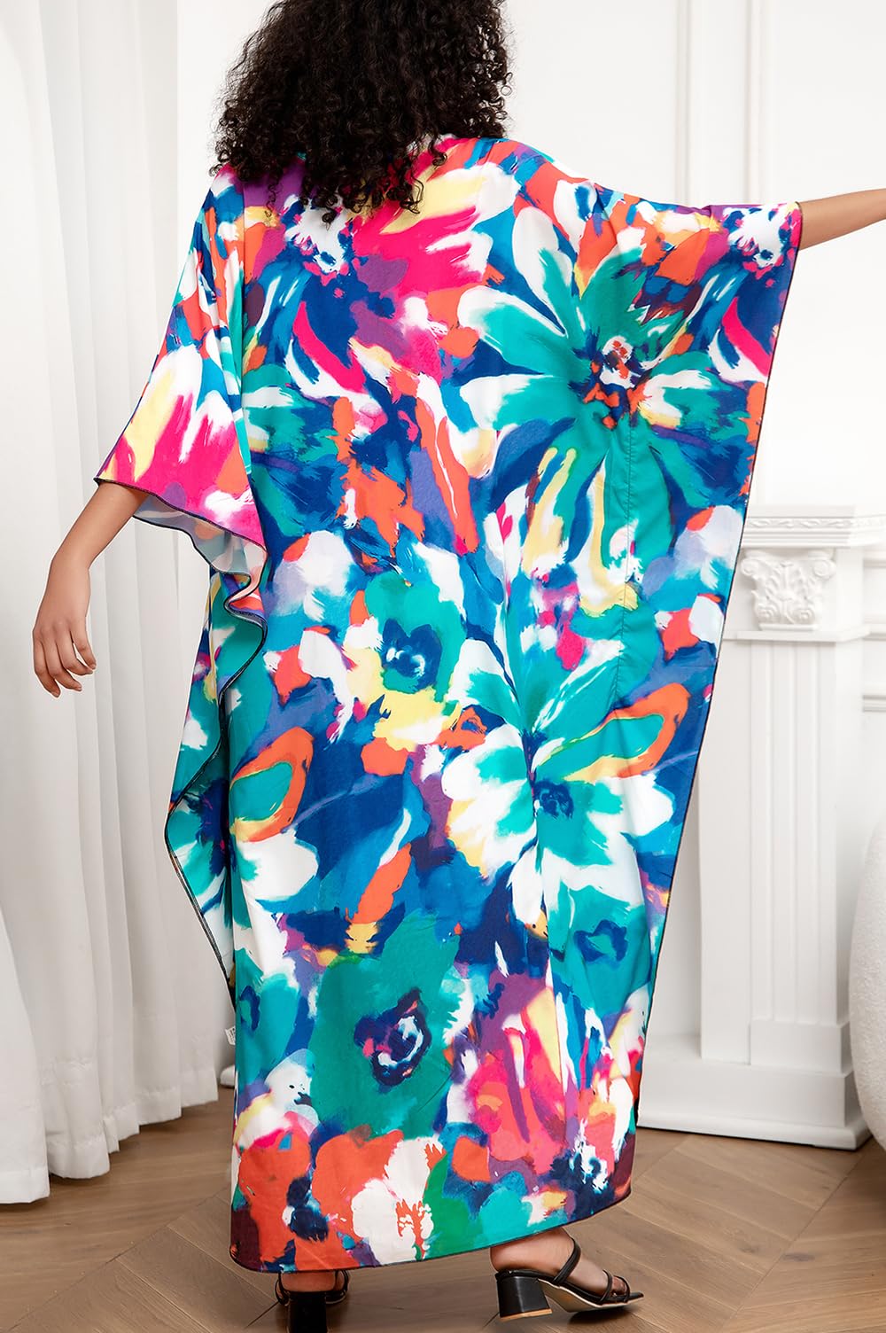 Damskie kwieciste haftowane kimono, długa letnia sukienka maxi, kaftan, na plażę, okrycie górne boho
