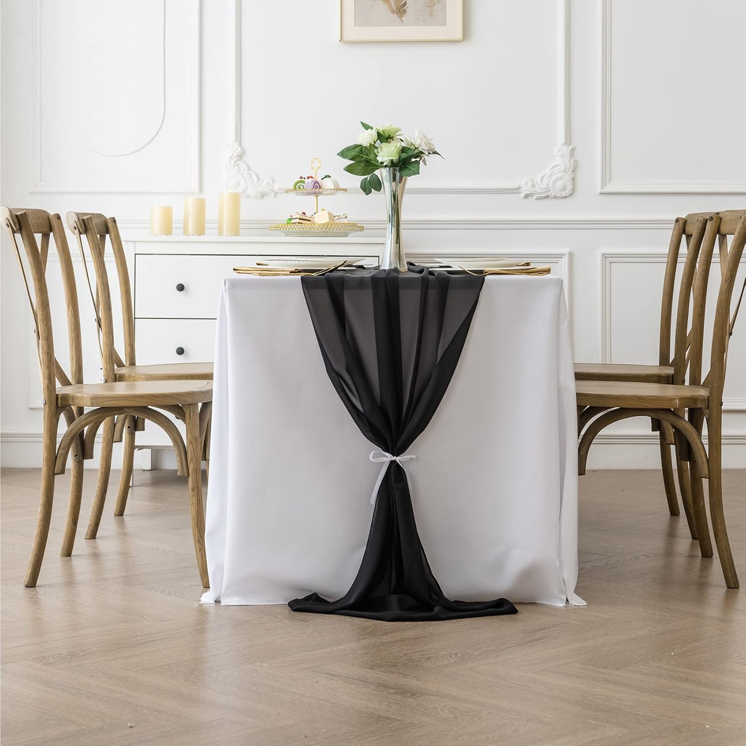 12Pack Chiffon Table Runner, Wedding Table Runner, 29x120 inches Gauze Table Runner, Rustic Sheer Table Decor for Romantic Bridal Shower, Baby Shower, Birthday Party Cake Table(Black)