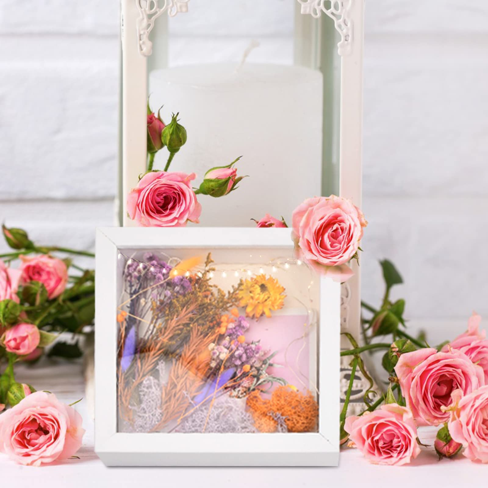 Cadre Photo 3D Profond 20x20 Cm Avec Guirlande LED - Boîte à Souvenirs En Bois Pour Médailles, Fleurs, Diamond Painting