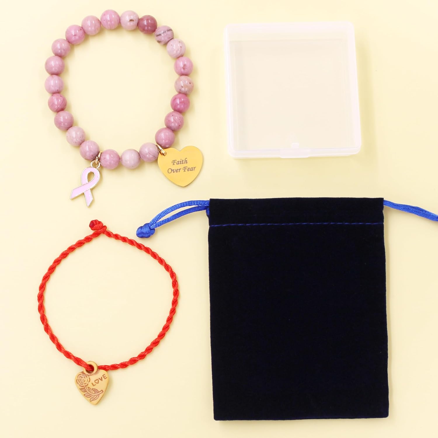 Breast Cancer Bracelets, Pink Ribbon & Heart Charm Engraved Natural Stone Beaded Inspirational Elastic Jewelry Encouragement Gift for Women Fighters Survivors Loved Ones - Image 4