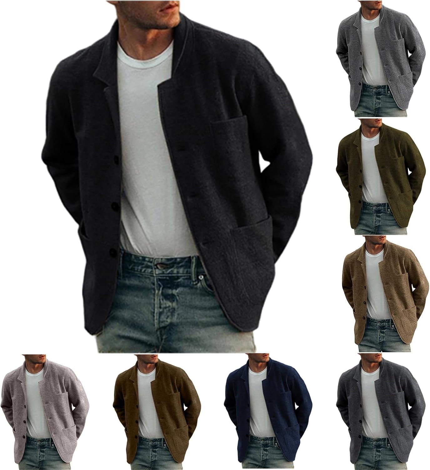 Men's Wool Short Jacket Button Down Woolen Coat Fall Winter Warm Trench Coat Overcoat Long Sleeve Cardigan with Pockets