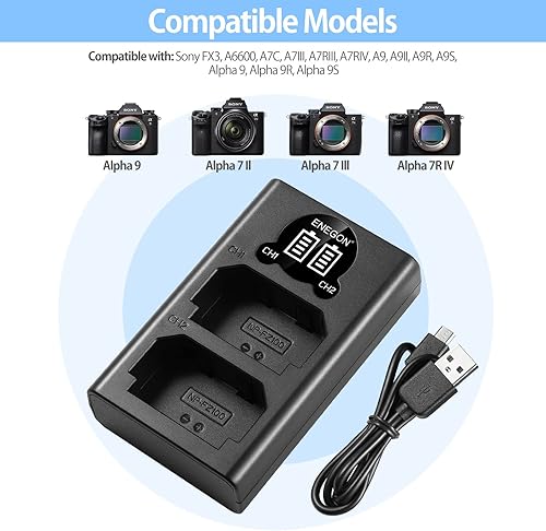 Miniatura 2 de ENEGON Cargador USB LED NP-FZ100 para batería Sony NP-FZ100, totalmente compatible con Sony A9/A9R, A73/A7R3, A7III/A7RIII/A7RIV/A7C, A6600.