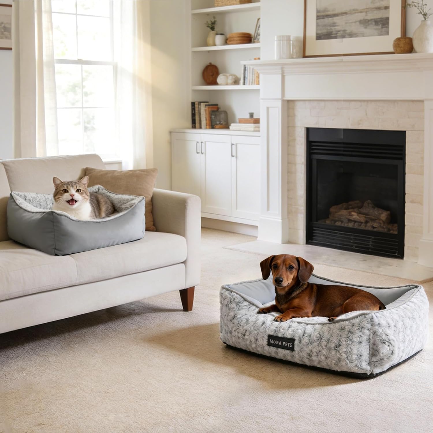 Mora Pets Reversible Dog Bed for Small Medium Dogs Washable, Cool & Warm Large Cat Beds for Indoor Cats, Rectangle Calming Puppy Bed Pet Cuddler with Anti Slip Bottom, Fluffy Grey Rose (25''x21''x7'')