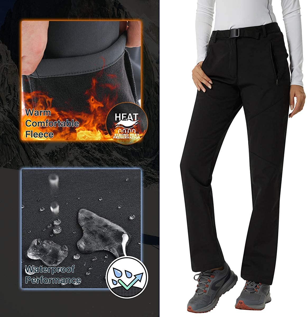 YUSHOW Pantaloni da trekking da donna, impermeabili, in softshell, invernali, imbottiti, antivento, da sci, snowboard, da trekking