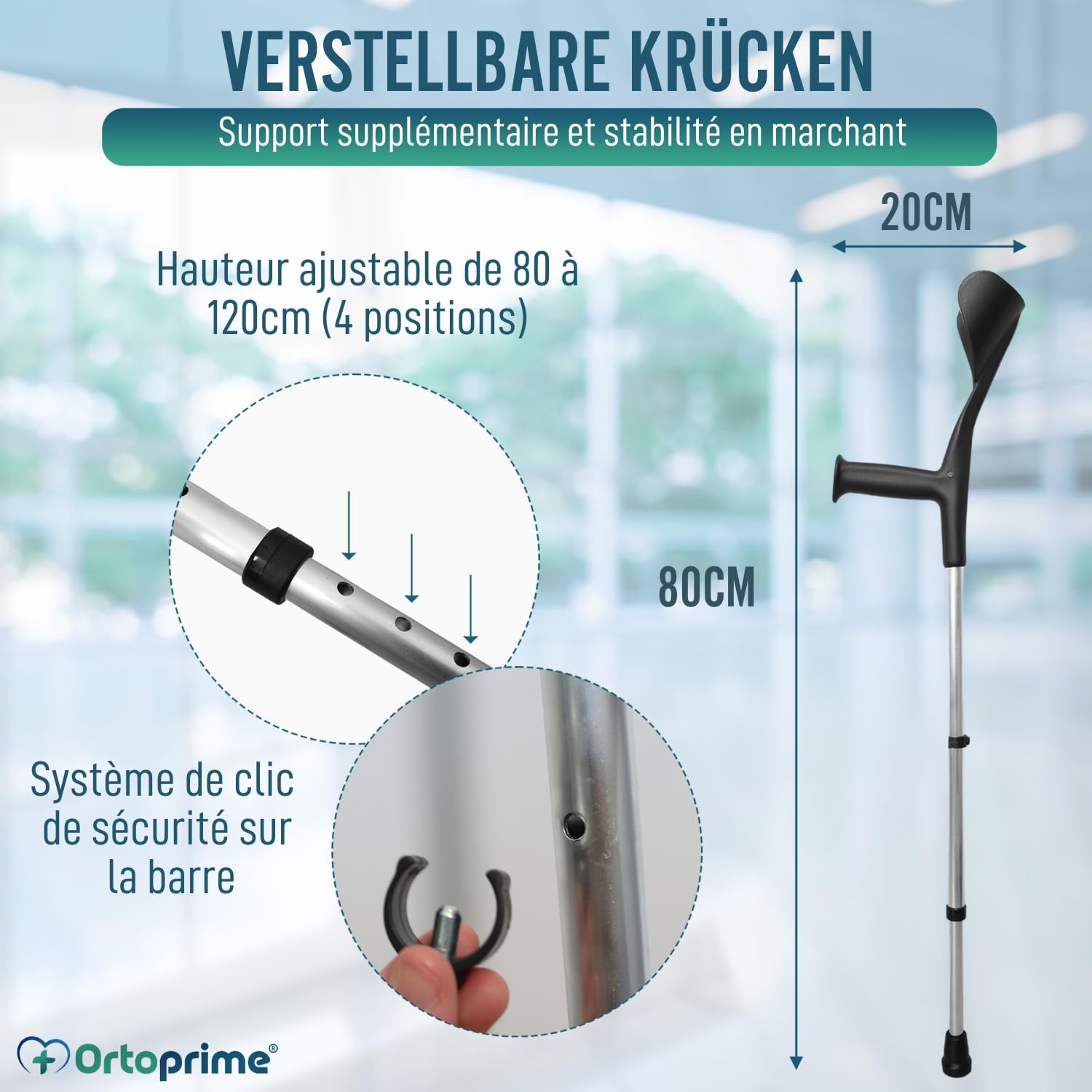 OrtoPrime PACK x2 PAIRE - Béquilles Médicales Adultes Réglables en Aluminium - Canne Anglaise avec Embouts Antidérapants - Béquilles pour Adultes Anatomiques et Durables.