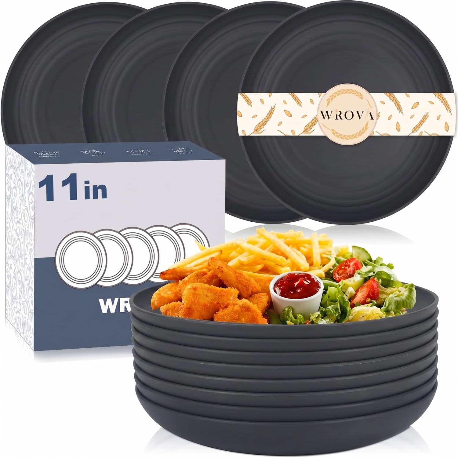 Wrova Large Plates Set 11 Inch - Set of 8 Plastic Plates Reusable, Unbreakable & Lightweight Big Deep Plates Set Dishwasher & Microwave Safe Plates for Indoor and Outdoor - Dark Grey โ image 1