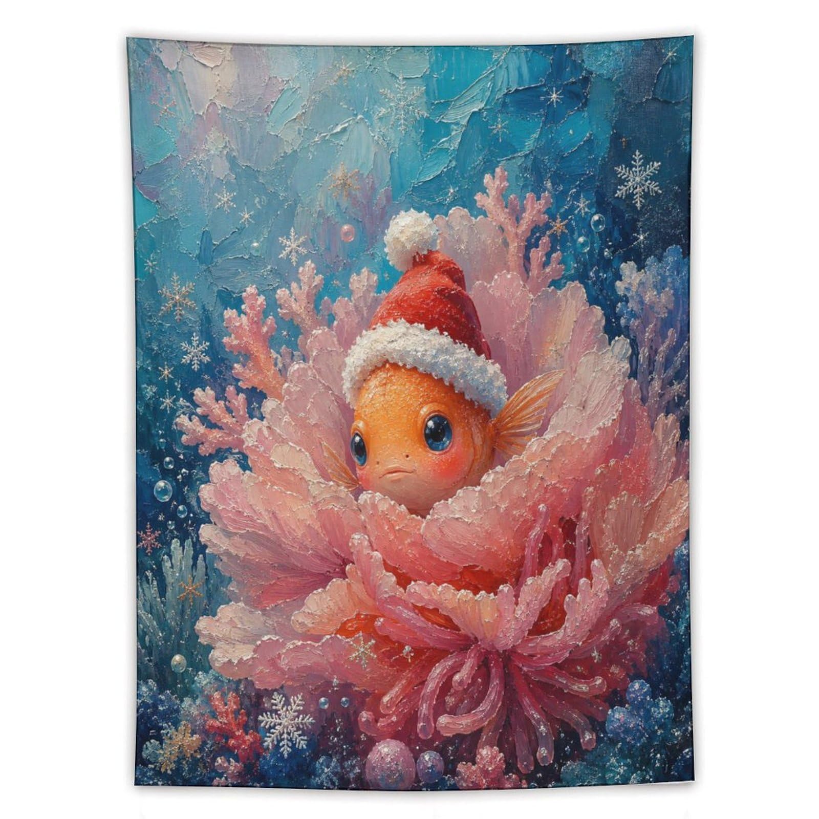 H3B8U2Y5 Clownfish Santa Hat Anemone Wall Tapestry, Detailed Illustration