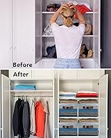 Vista 3 de Cesta de almacenamiento de madera de granero retro azul con rayas degradadas grises para estantes, cubos de almacenamiento de tela, organizadores