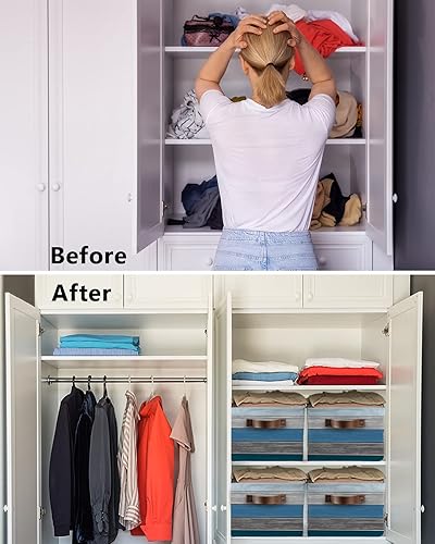 Miniatura 3 de Cesta de almacenamiento de madera de granero retro azul con rayas degradadas grises para estantes, cubos de almacenamiento de tela, organizadores de