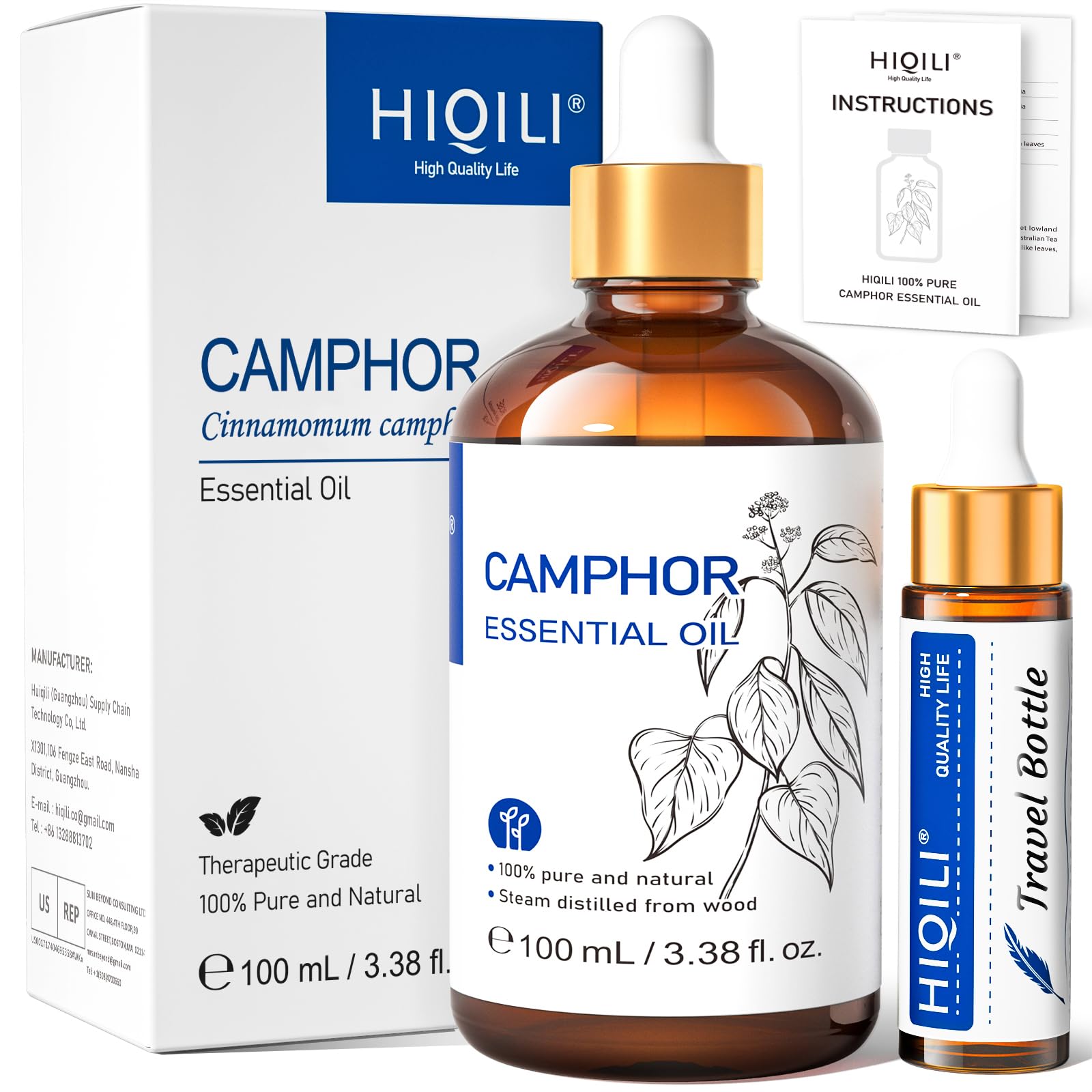 HIQILI 100ML Camphor Essential Oil Pure, 100% Undiluted for Skin, Diffuser, Aromatherapy - 3.38 Fl Oz