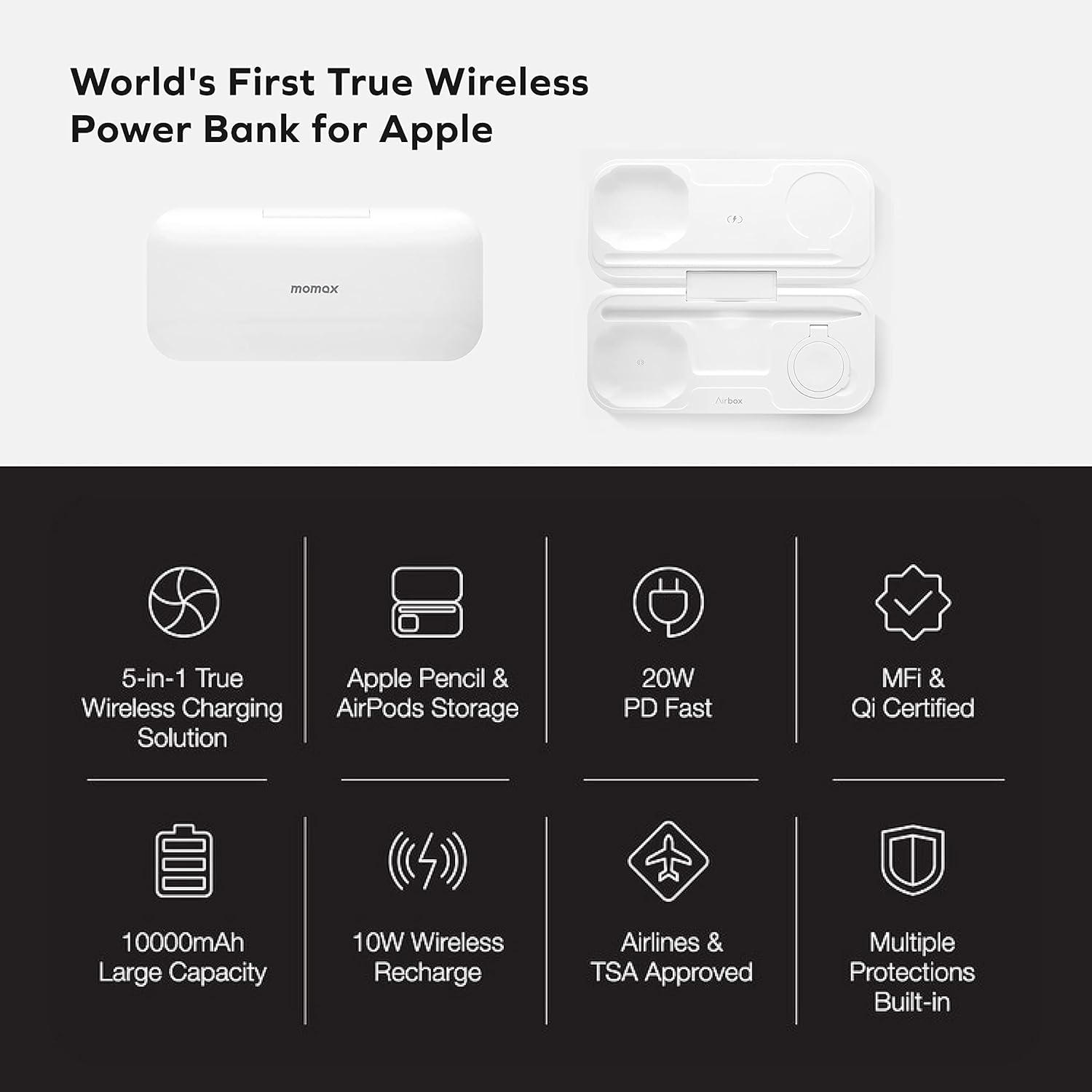 momax airbox foldable 5 in 1 wireless charging power bank with gravity auto locking vertical laptop stand 10000mah mfi certified wireless charging st