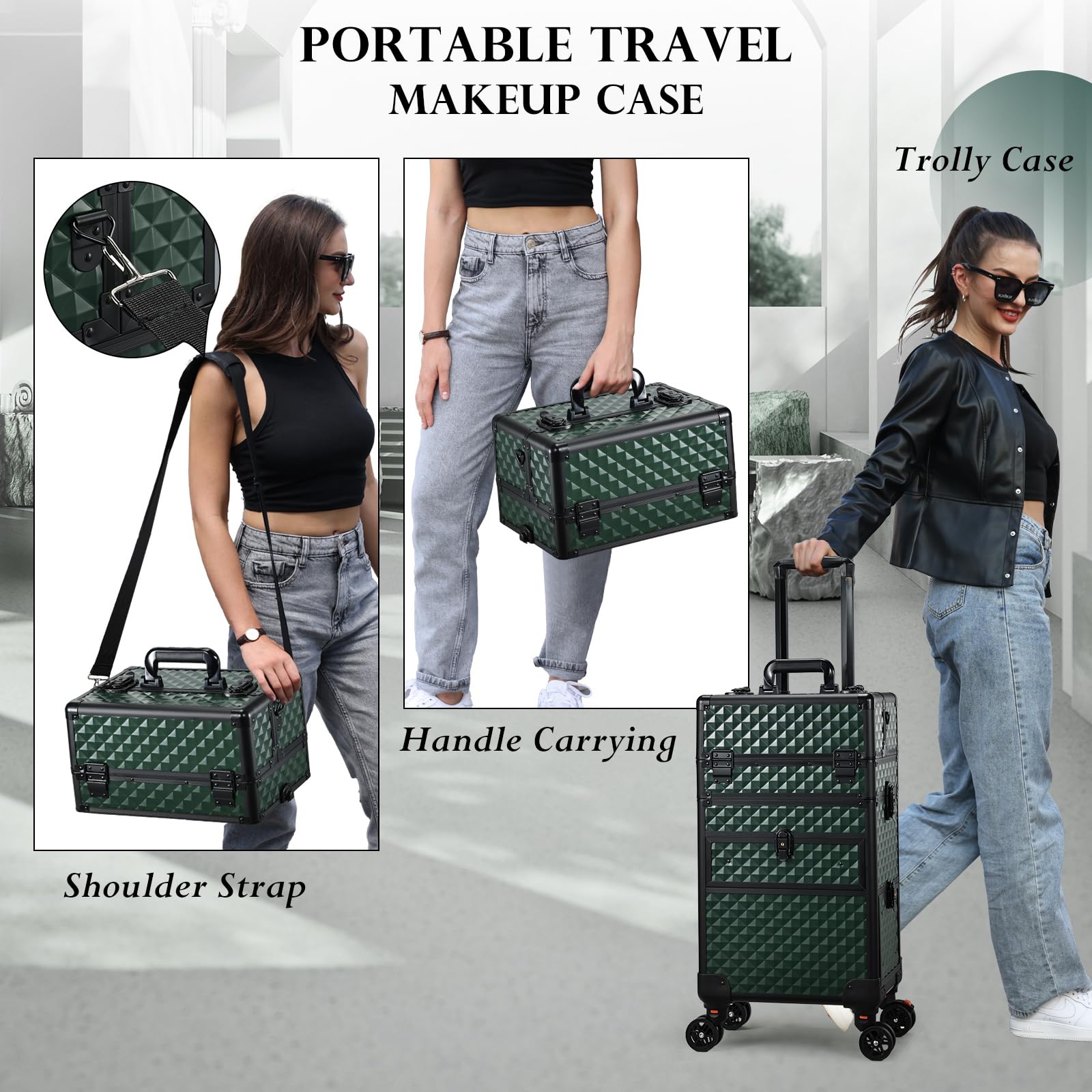 Kosmetik Trolley mit Schubladen Professioneller Kosmetikkoffer Nagelkoffer Make up Koffer Schminkkoffer Großer Friseurkoffer Abschließbarer Beauty Koffer Multikoffer,Dunkelgrün