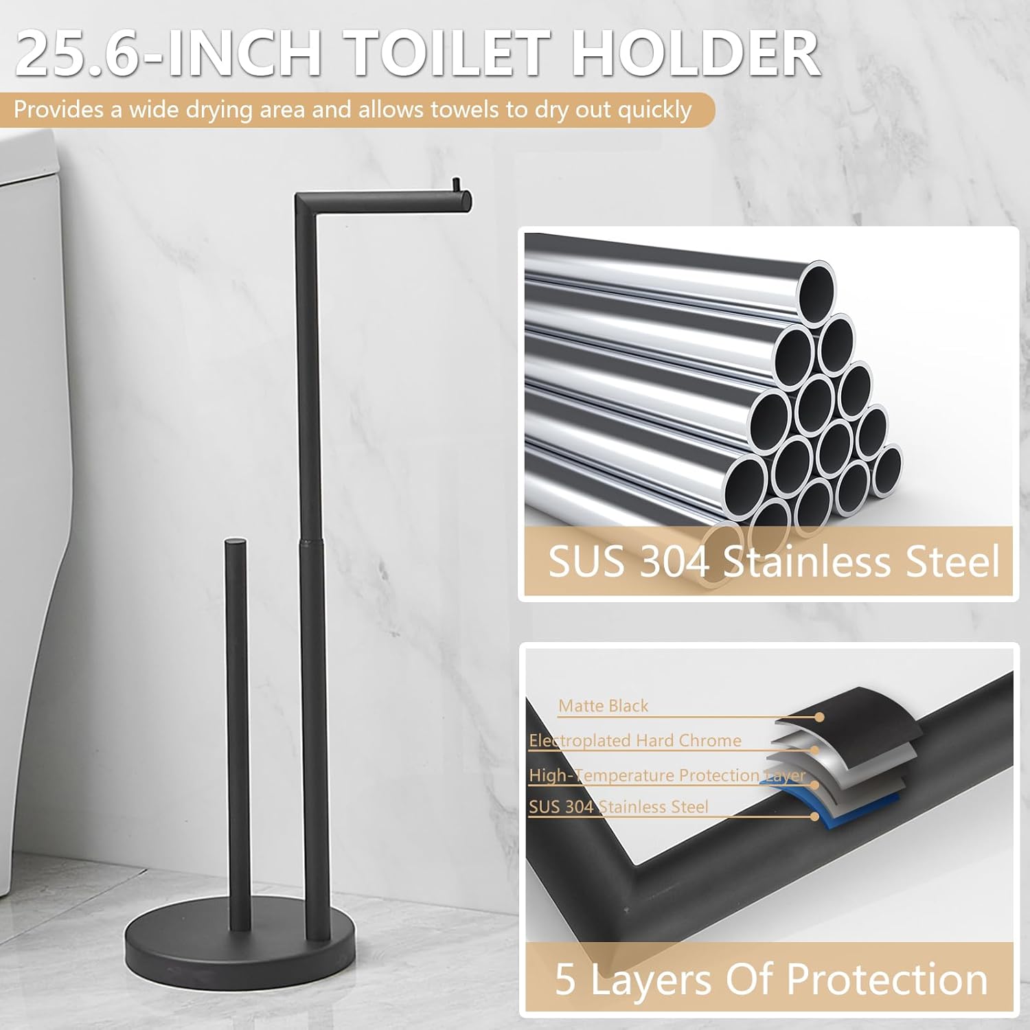 Black Shower Panel LED Light Temperature Display Bundle with Free Standing Toilet Paper Holder with Storage, 25.6“