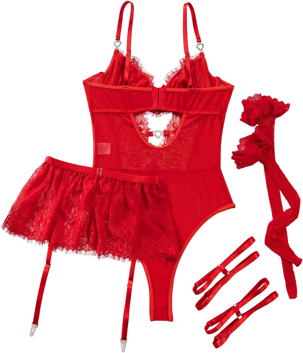 Lilosy Sexy Stocking Rhinestones Heart Garter Underwire Floral Mesh lace Sheer Babydoll Lingerie Teddy Bodysuit Skirt Set - Image 5