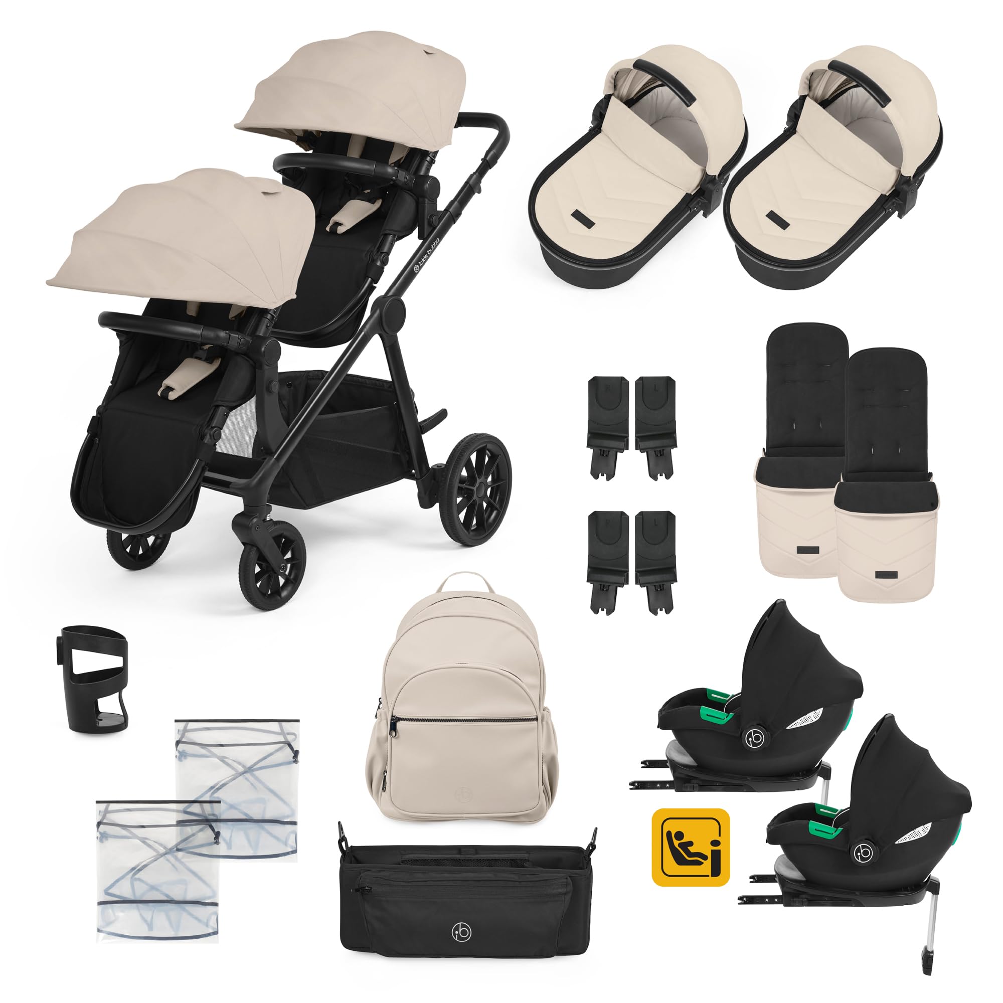 Ickle Bubba Virgo Twin 18-teiliges Reisesystem mit i-Size Cirrus-Autositzen und ISOFIX-Basis, geeignet von der Geburt bis zu 15 Monaten – Tandem-Kinderwagen und Zubehör (Stein) | Tandem-Kinderwagen mit 17 Konfigurationen, Fußsäcken, Regenschutz, Wickeltas