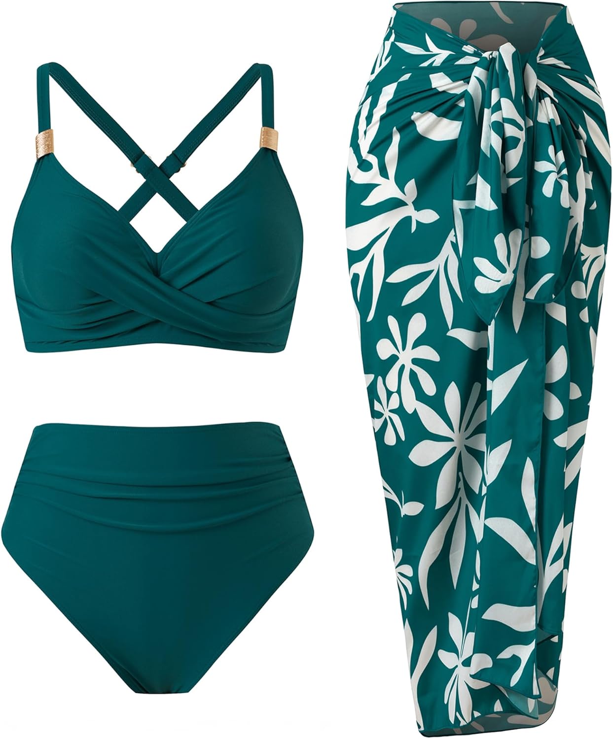 High Waisted Bikini Sets for Women 3 Piece Swimsuits Retro V Neck Cross Back Bathing Suit with Cover Up