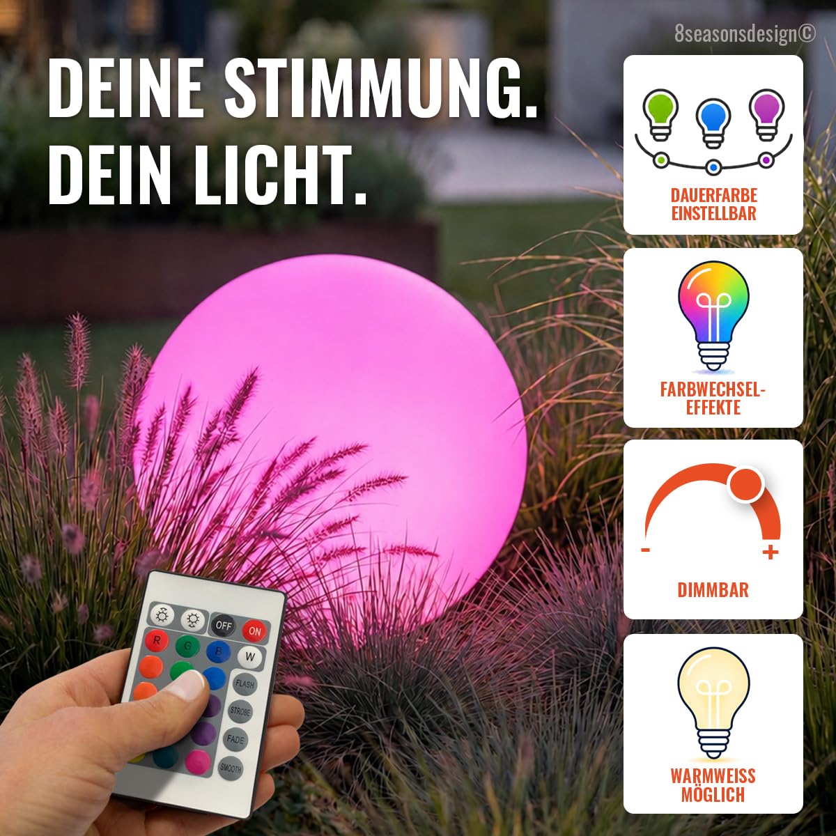 8 seasons design LED Kugelleuchte 60 cm Shining Globe (weiß) – E27, RGB Farbwechsel, dimmbar, mit Fernbedienung – große Kugellampe für außen (Garten, Terrasse & Balkon) und innen - robust & langlebig
