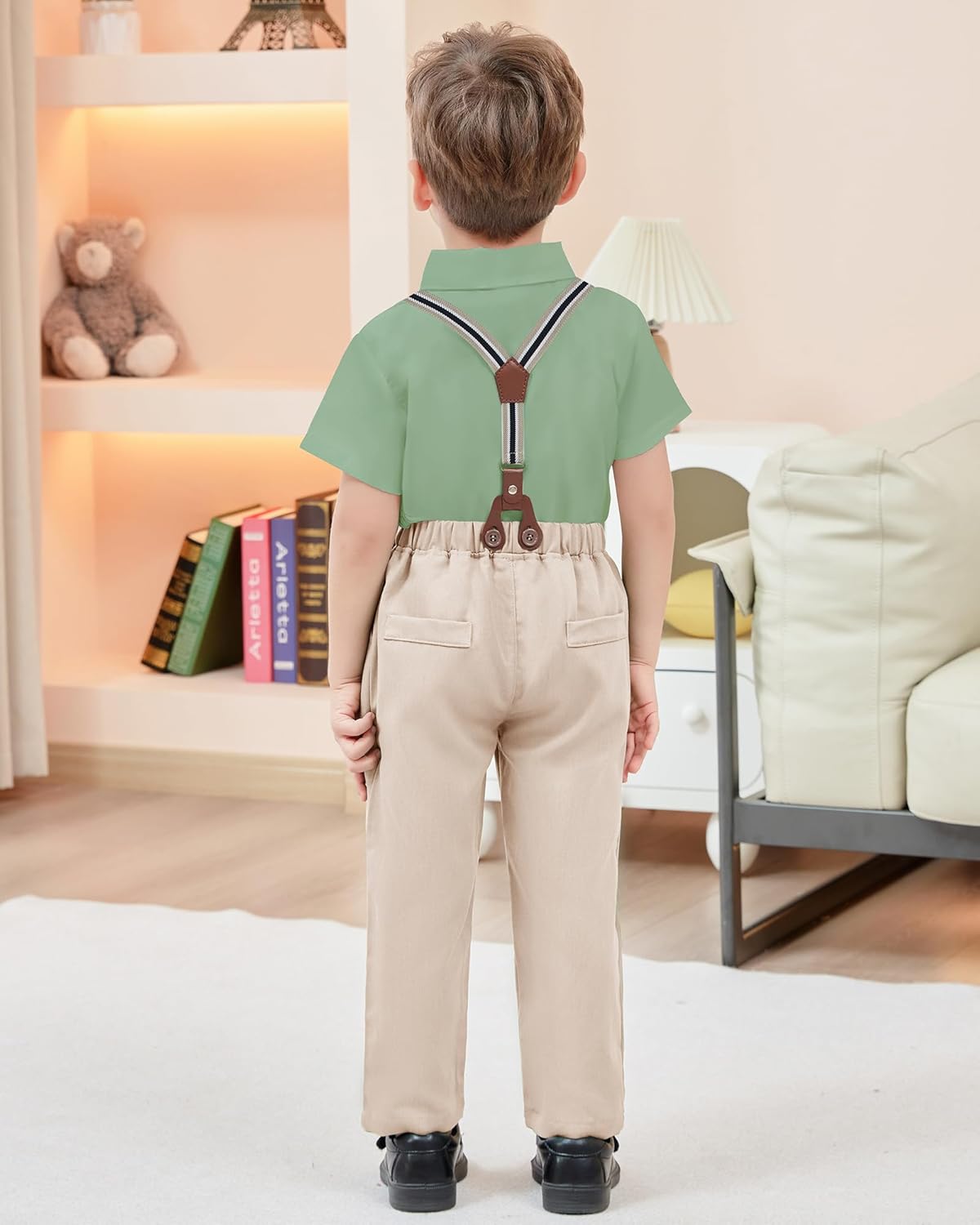 ZOEREA Boys Clothes Formal Suit Gentleman Wedding Outfit Short Sleeve Shirt with Bow Tie and Suspender Pants 2-10 Years - Image 4