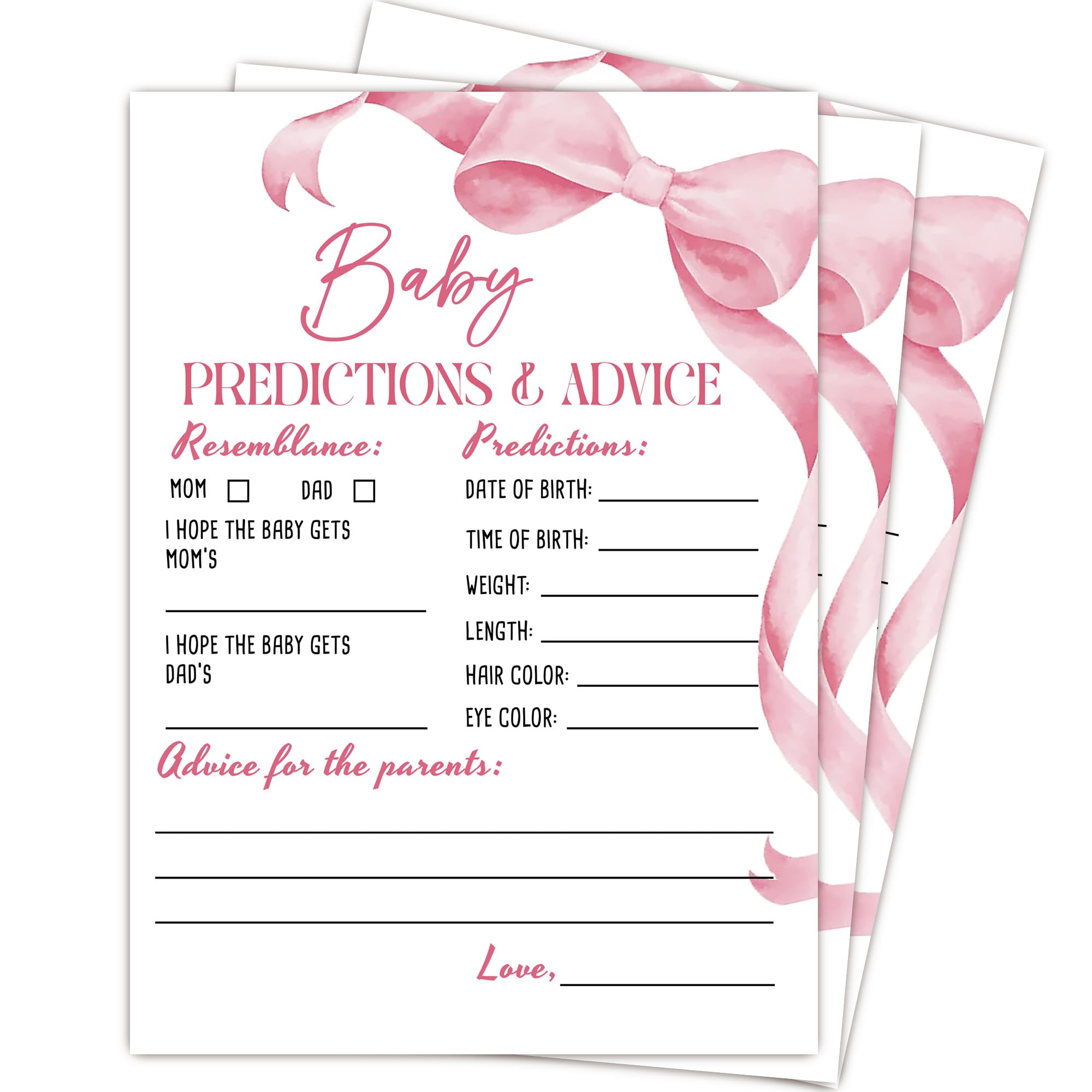 MXLINSW Pink Baby Shower Games for Girl, Predictions and Advice Cards, 25 Gender Neutral Cards, Pink Bow Gender Reveal Games Party Supply Kit, Baby