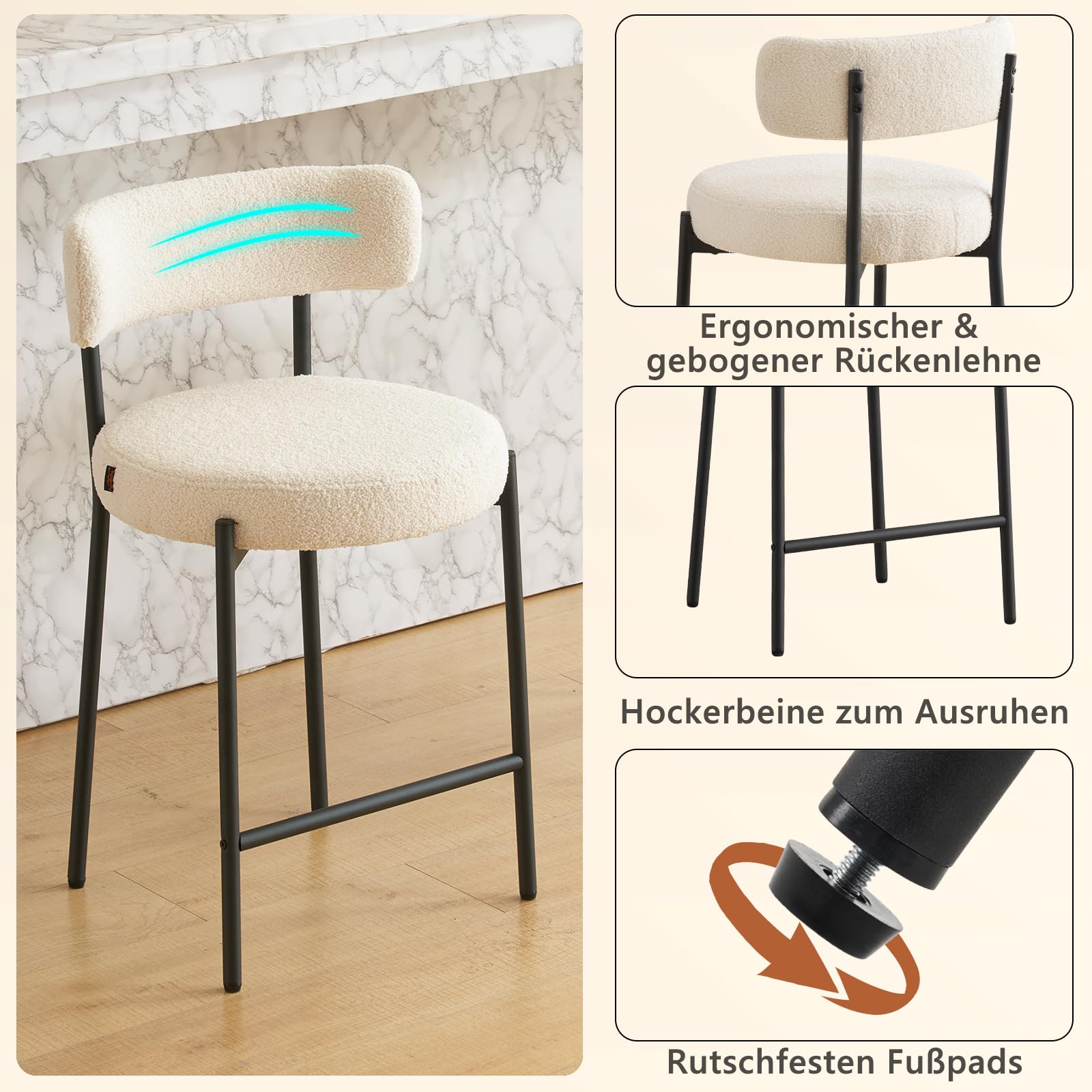 Barhocker 2er Set, 63.5cm Sitzhöhe Barstuhl Küchenstuhl, Tresenhocker Bistrohocker mit Rückenlehne und Fußstütze, Gepolsterte Küchenhocker Esszimmerstuhl für Kücheninsel, Bar, Esszimmer, Weiß
