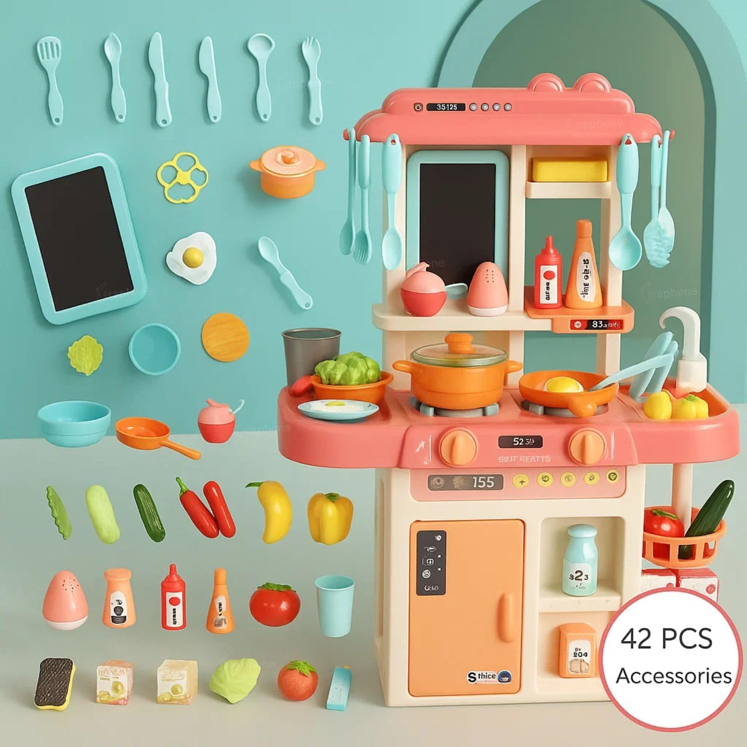 TOYIQ Kitchen Set for Kids 42 PCS Battery Oprated Pretend Play Kitchen Toy Set for Girls with Writing Slate Lights & Music Sound Plastic (Multicolor) 1