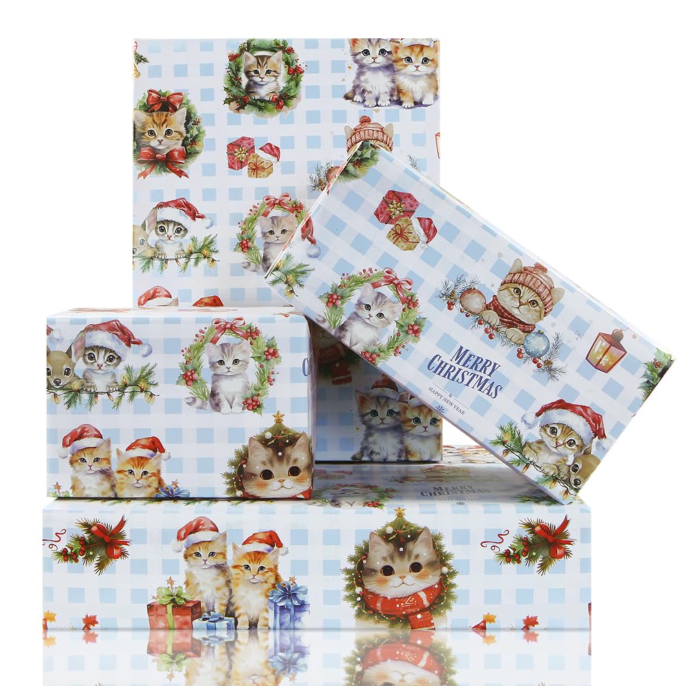 Christmas Cat Wrapping Paper - Dorable Cat Kitten Kitty Design Birthday Wrap Paper, 4 Sheets Folded Flat 50x70cm Gift Wrap Paper for Birthday, Xmas, Cat Party