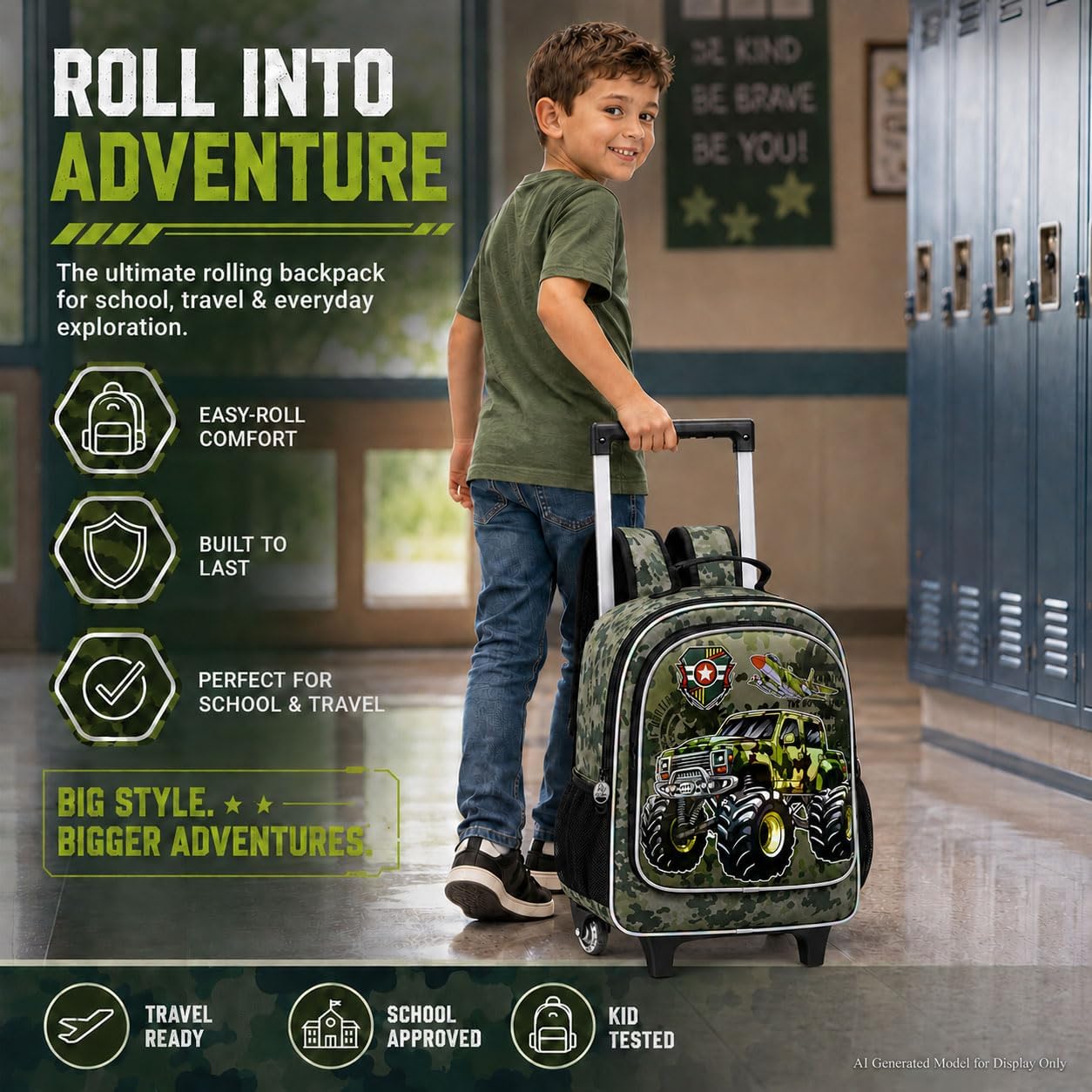 3PCS Rolling Backpack for Girls and Boys， Kids Unicorn Dinosaur Wheeled Bookbag