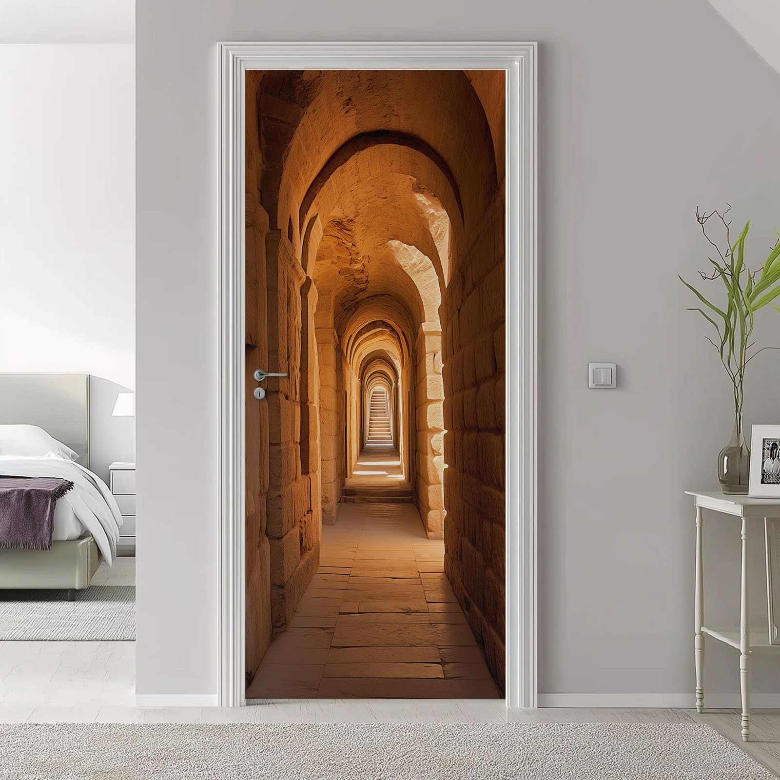 Stile Moderno Poster Adesivo Porta Autoadesivo Adesivo Da Parete Modello 3D Corridoio Arco, Marrone Adesivi per Porta in PVC per Camera Soggiorno Cucina 95x215 cm