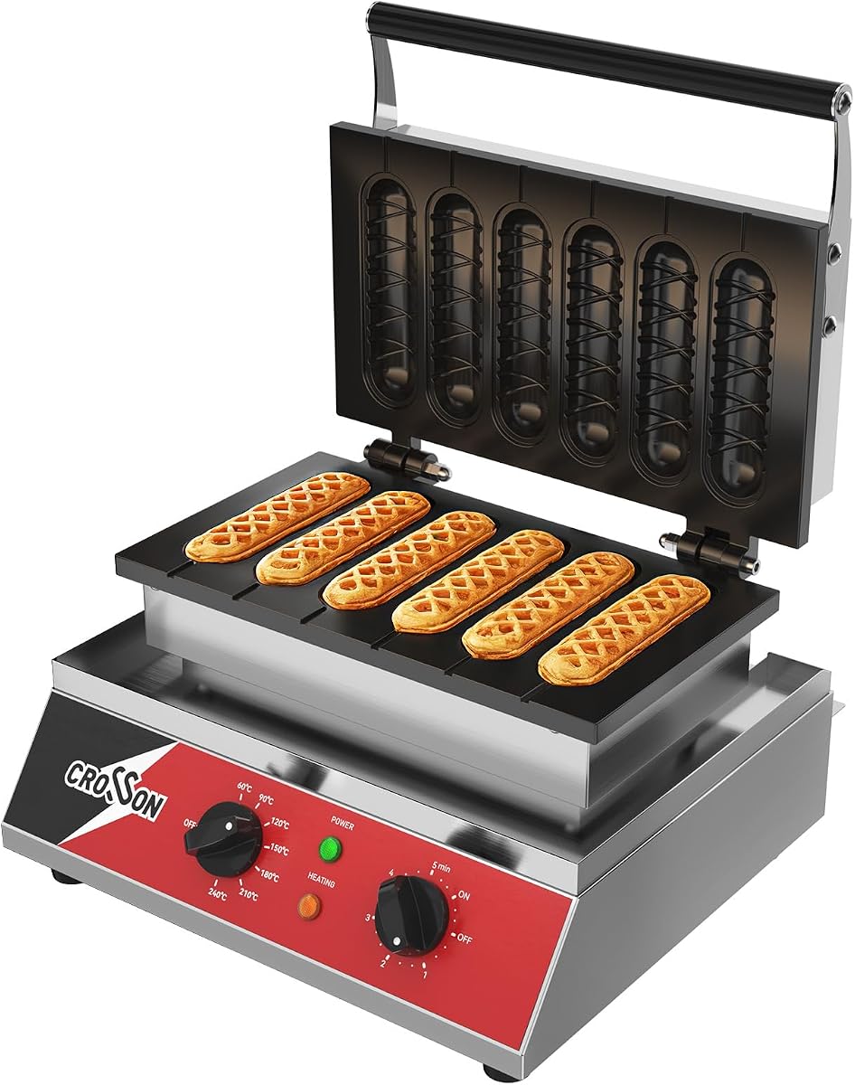 Commercial 6PCS Waffle Stick Maker, Non-Stick Triple-Layer Coating Corn Hot Dog Waffle Iron W/ 140-480℉ Temp Range and 5 Minutes Timer, Machine for Restaurant Bakery Snack Bar-120V/1600W