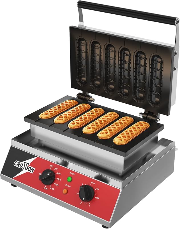 Commercial 6PCS Waffle Stick Maker, Non-Stick Triple-Layer Coating Corn Hot Dog Waffle Iron W/ 140-480℉ Temp Range and 5 Minutes Timer, Machine for Restaurant Bakery Snack Bar-120V/1600W