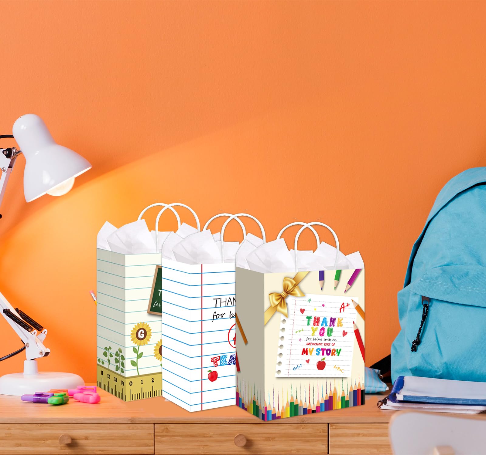 BDDYYI 12 Pcs Teacher Appreciation Gift Bags Bulk Small Thank You Treats Tote Bags with Tissue Paper and Handles for Back to School End of Year Graduation Teachers' Day Classroom Party Supplies