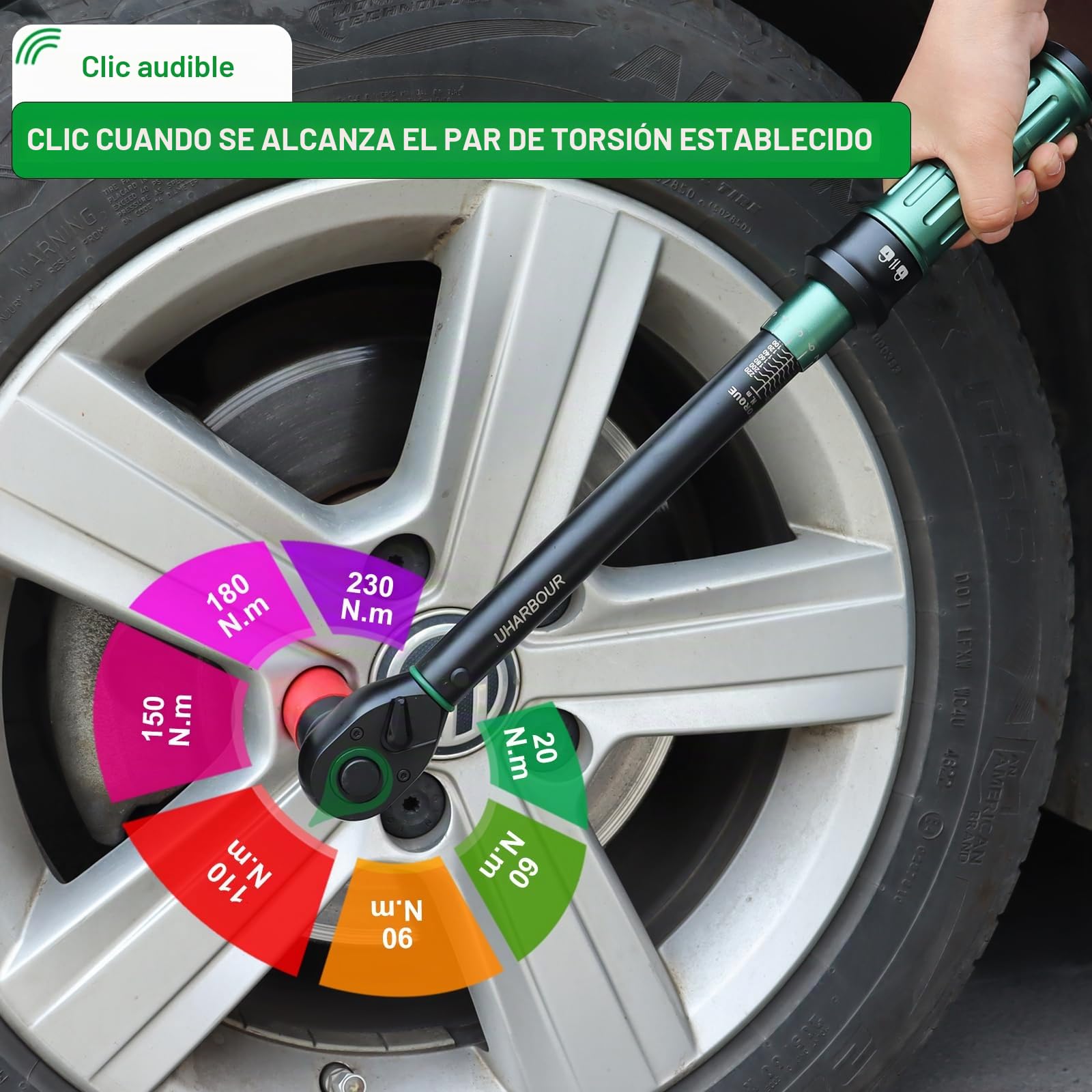 Uharbour Juego de Llaves Dinamométricas 1/2" 20-230 Nm para Coche – Incluye Tres Enchufes para Tuercas de Lengüeta