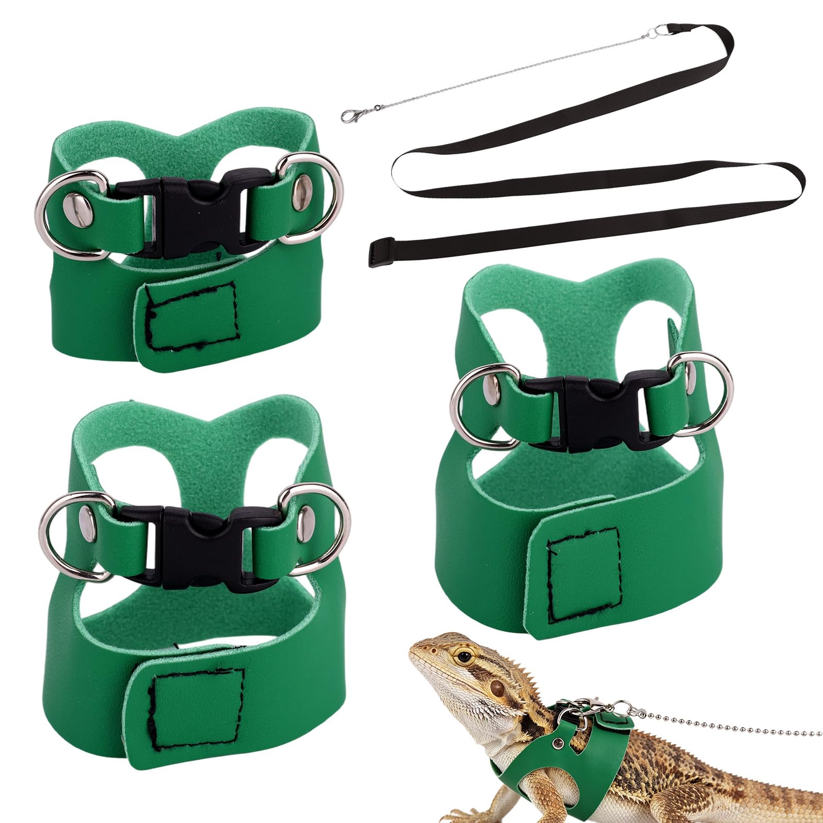 3pcs Bearded Dragon Harness Set, 3 Size Adjustable Bearded Dragon Harness with Leash Reptile Outdoor Clothes Walking Accessories for Lizards & Small Animals (Green)