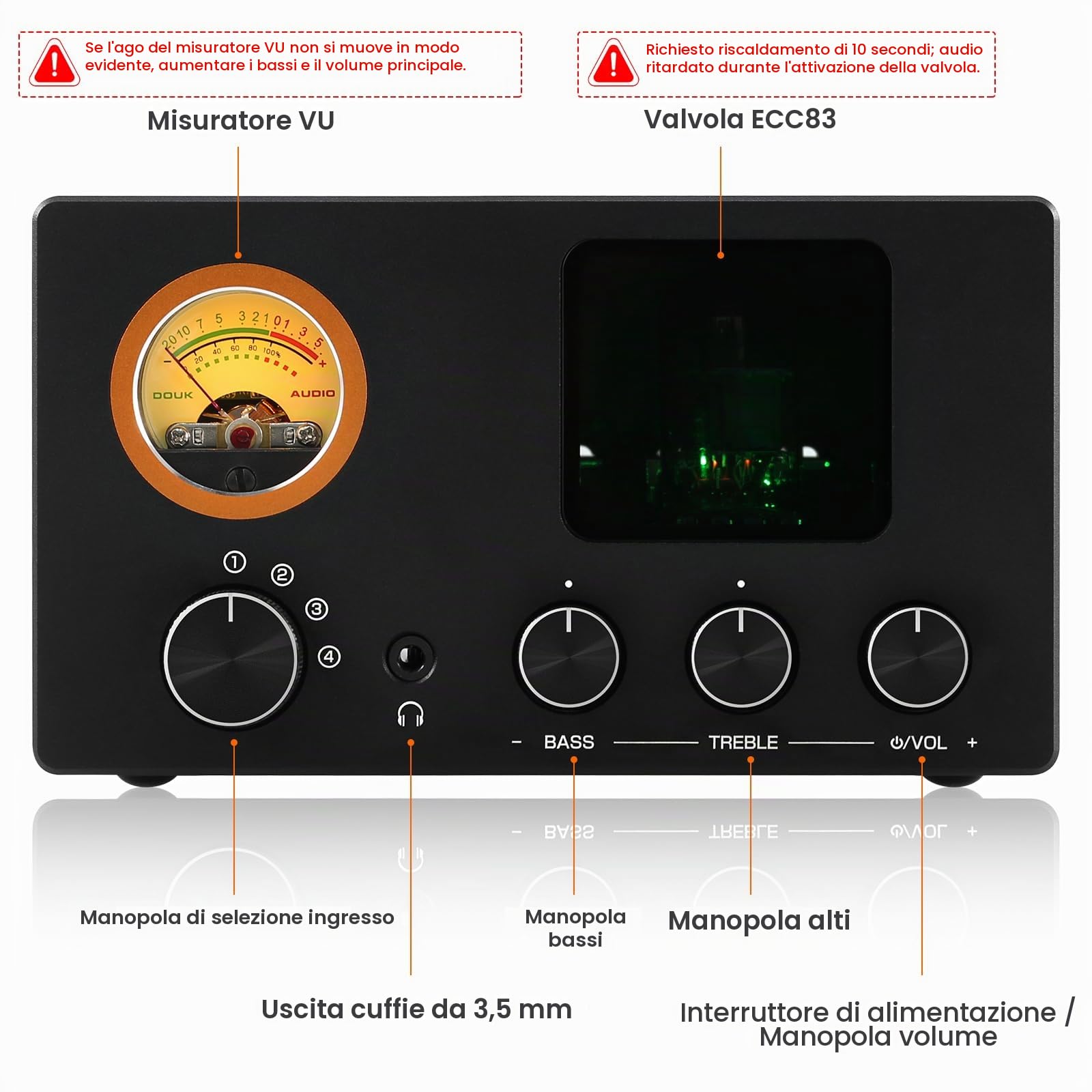 Douk Audio TUBE-T5C Preamplificatore per tubi: amplificatore per cuffie con metro VU, interruttore a 4 vie, tubo preamplificatore con regolazione del suono per ricevitore, amplificatore, altoparlante