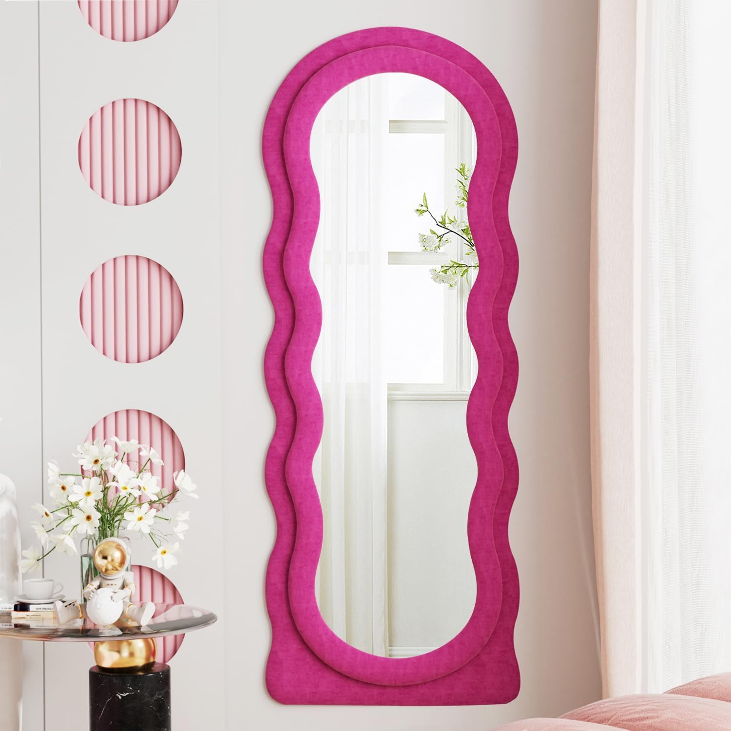 Full Length Mirror, 63" x 24" Irregular Wavy Mirror, Large Floor Length Mirrors Wall Mounted, Standing Wavy Mirrors with Flannel Wrapped Wooden Frame for Bedroom/Living Room, Hot Pink