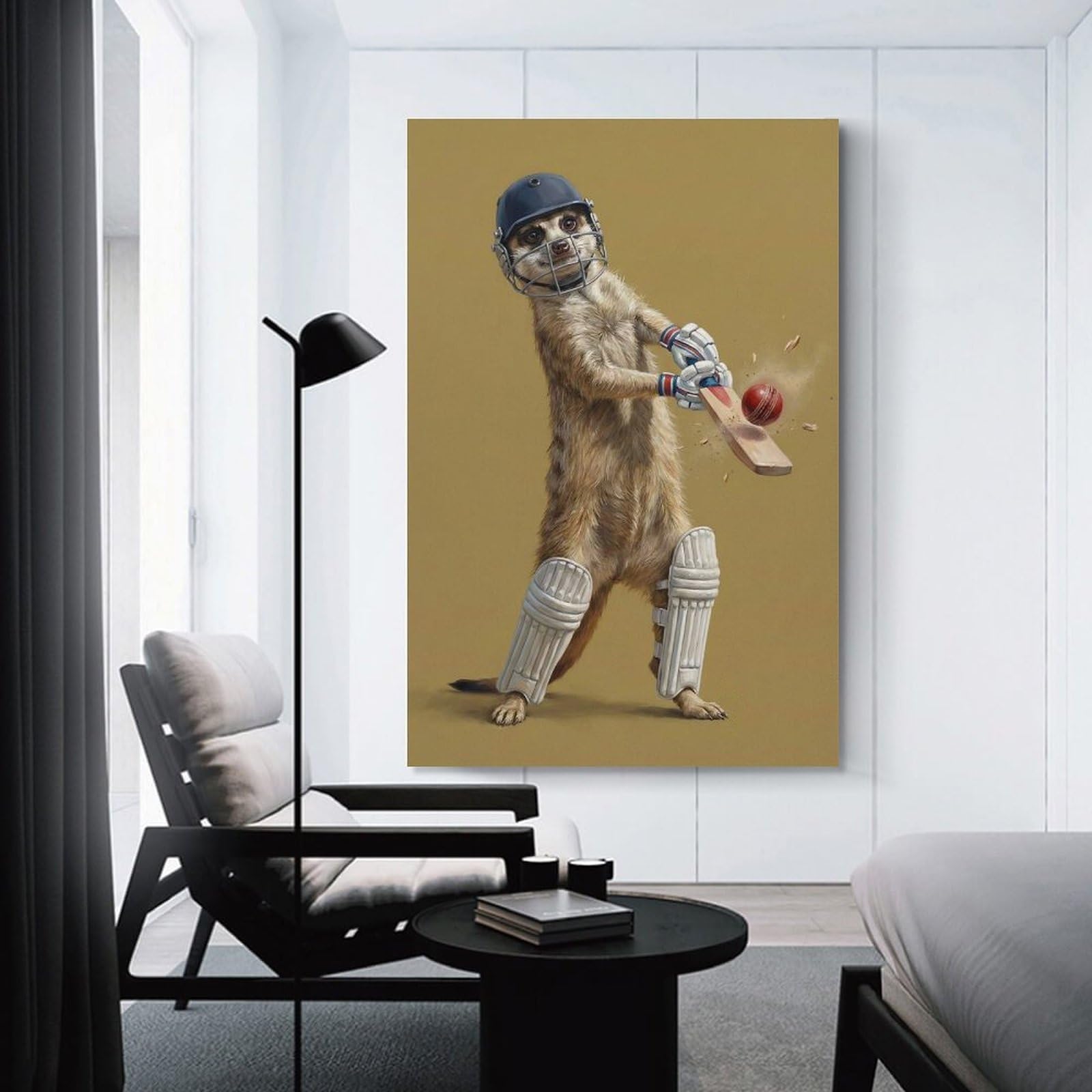 Junmoney Meerkat Playing Cricket Hanging Wall Art, 24x36inch(60x90cm), for Gallery Wall Decor And Room Displays, Home Wall Art for Statement Displays